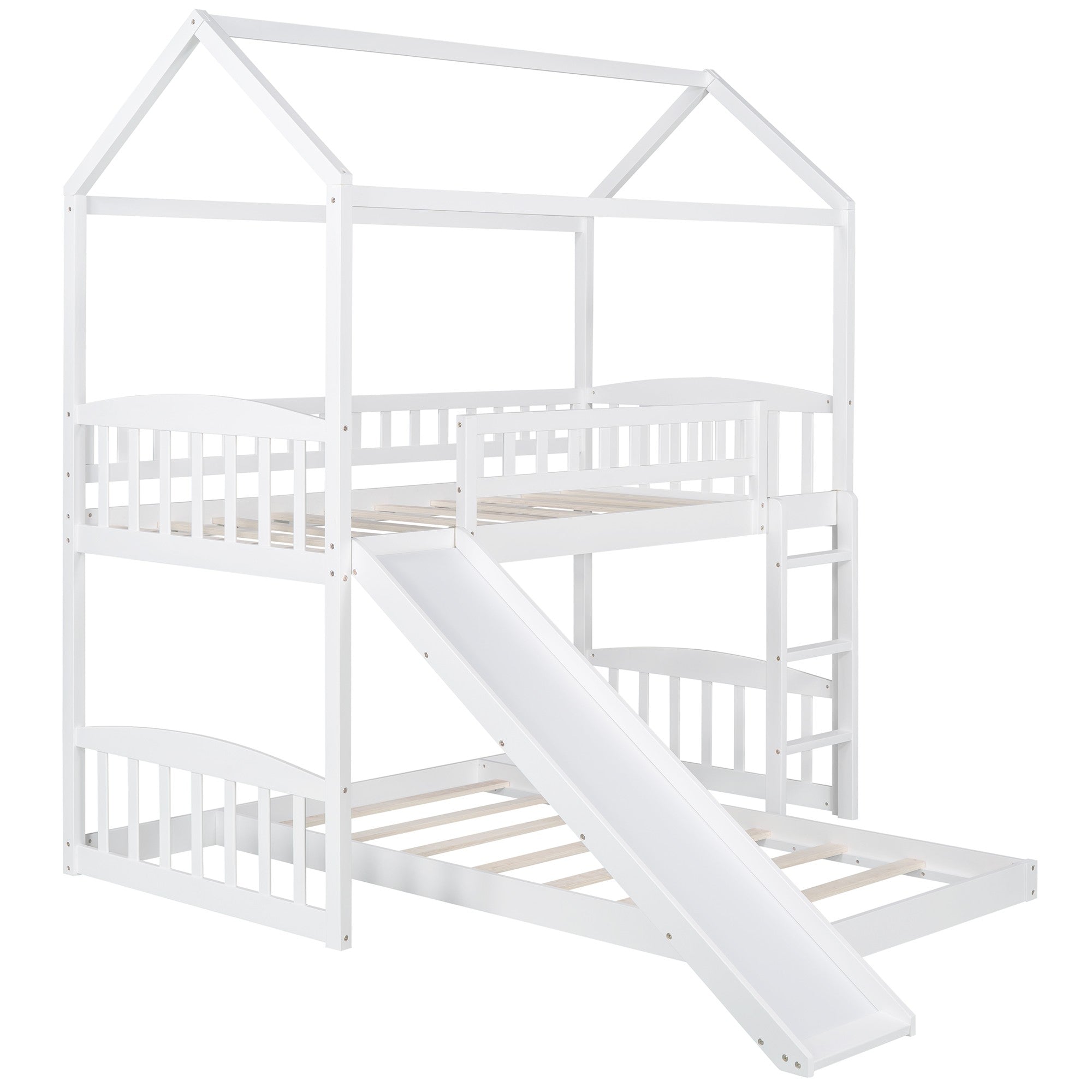 White Playhouse Frame Full Over Full Perpendicular Bunk Bed with Slide-1