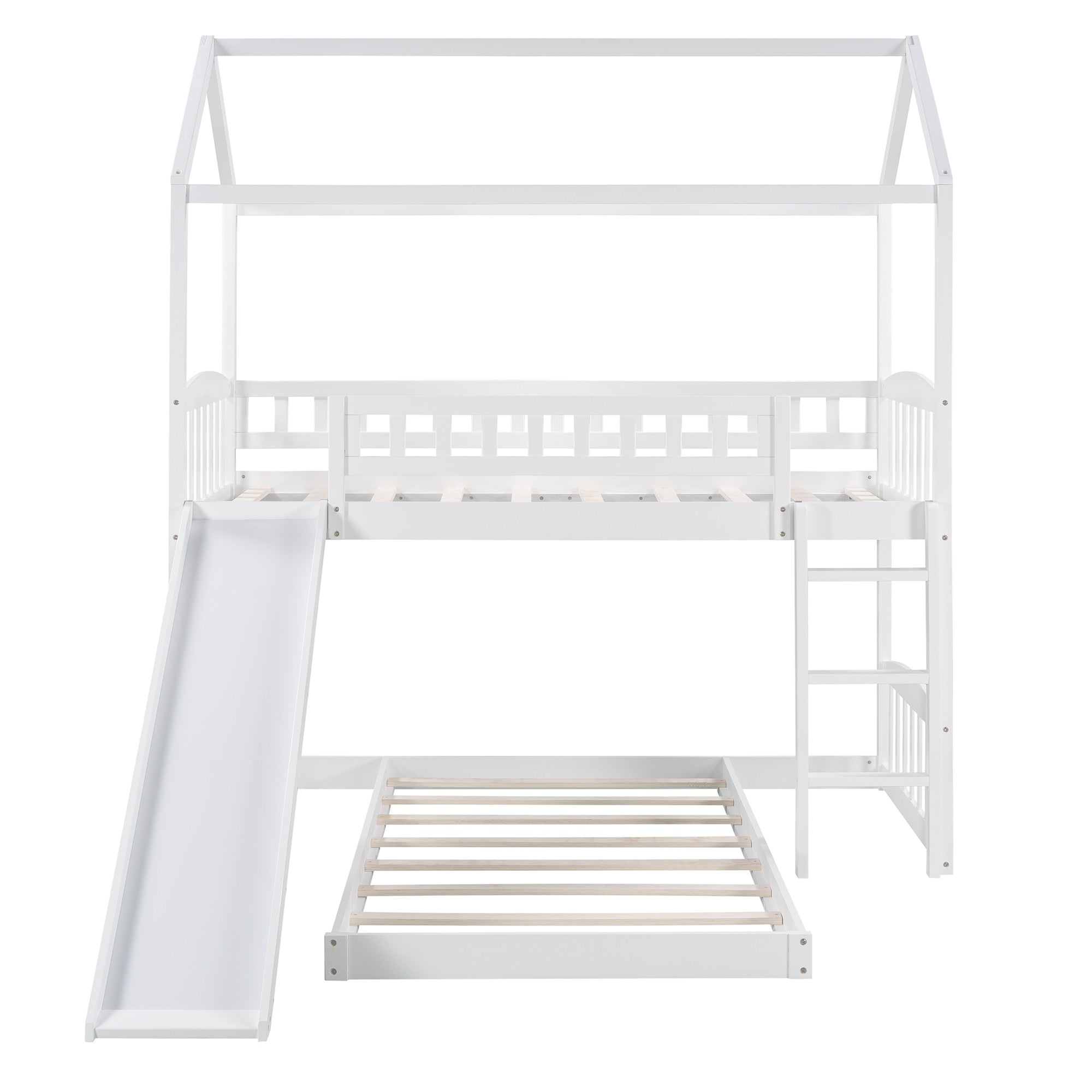 White Playhouse Frame Full Over Full Perpendicular Bunk Bed with Slide-2