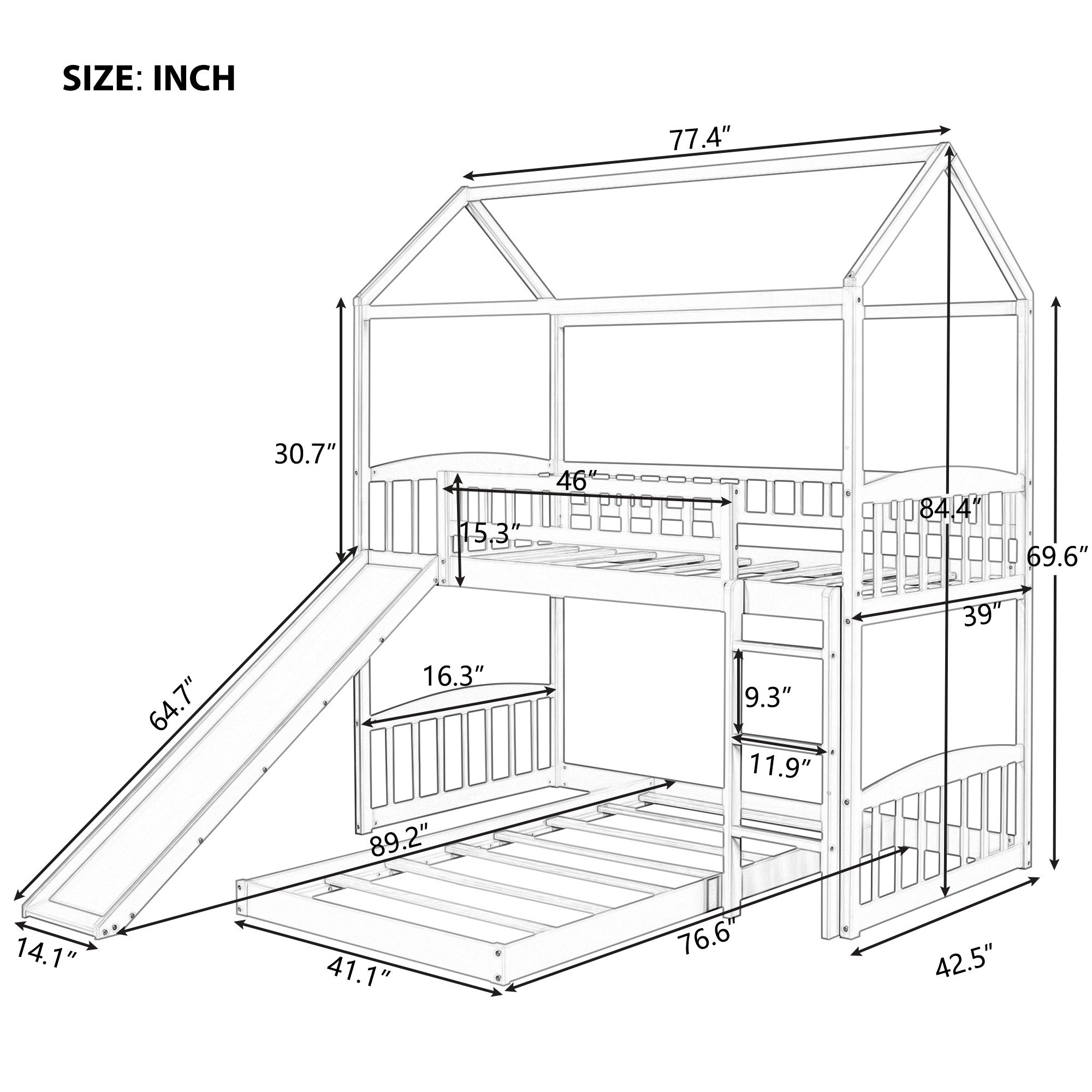 White Playhouse Frame Full Over Full Perpendicular Bunk Bed with Slide-8