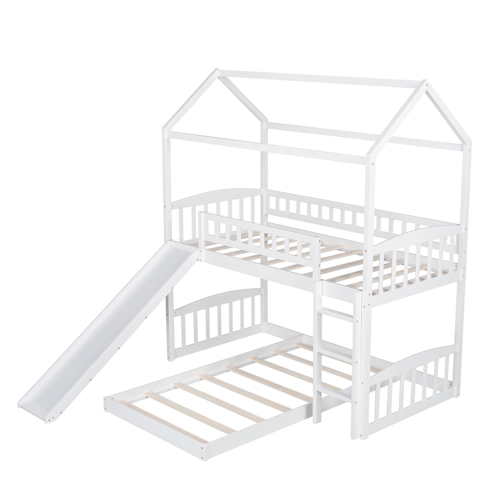 White Playhouse Frame Full Over Full Perpendicular Bunk Bed with Slide-3