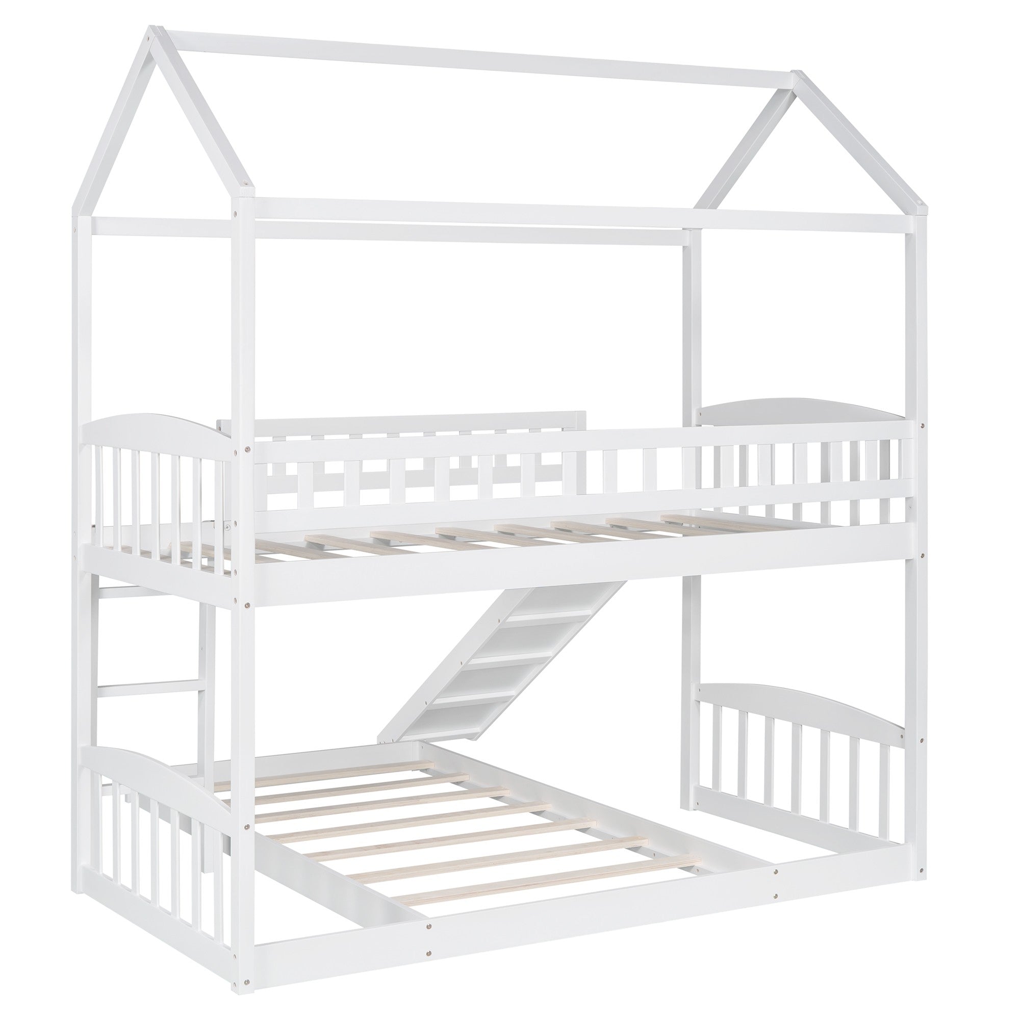 White Playhouse Frame Full Over Full Perpendicular Bunk Bed with Slide-4