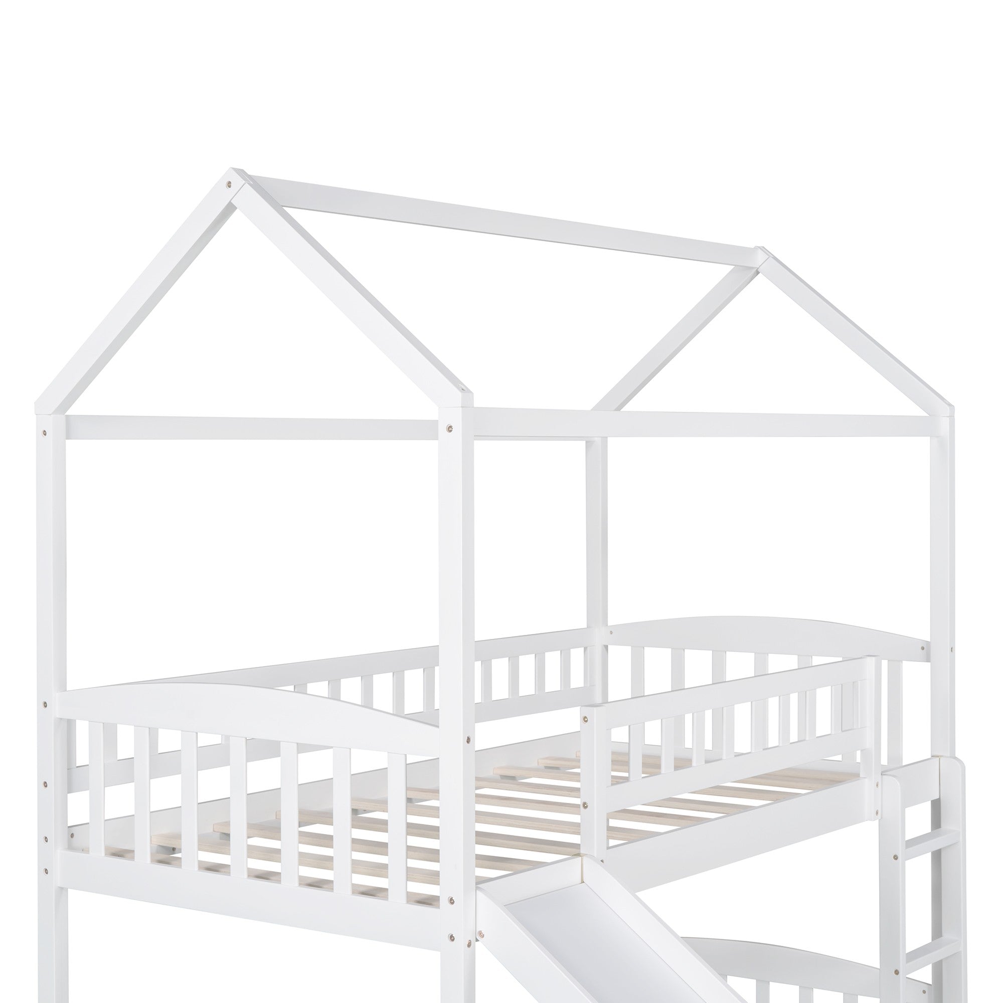 White Playhouse Frame Full Over Full Perpendicular Bunk Bed with Slide-5