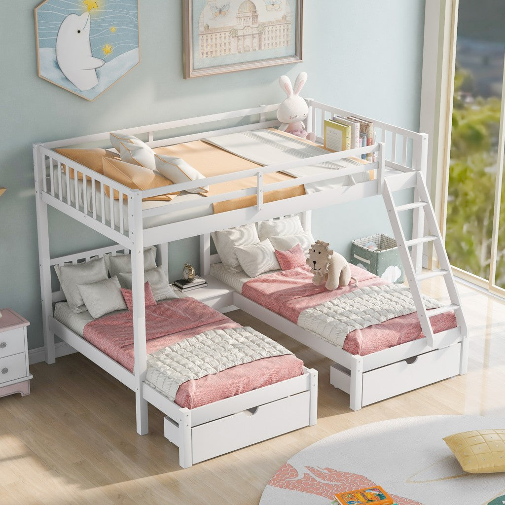 White Full Over Double Twin Triple Bunk Beds with Drawers-7