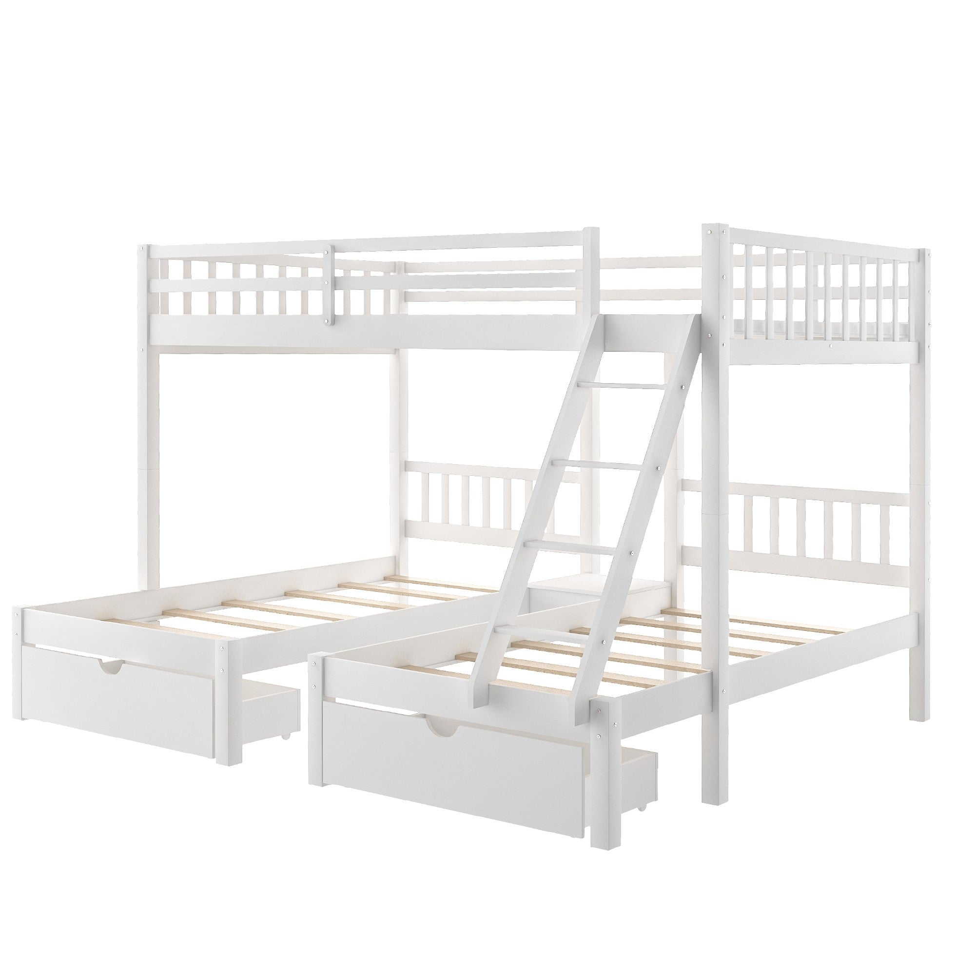 White Full Over Double Twin Triple Bunk Beds with Drawers-0