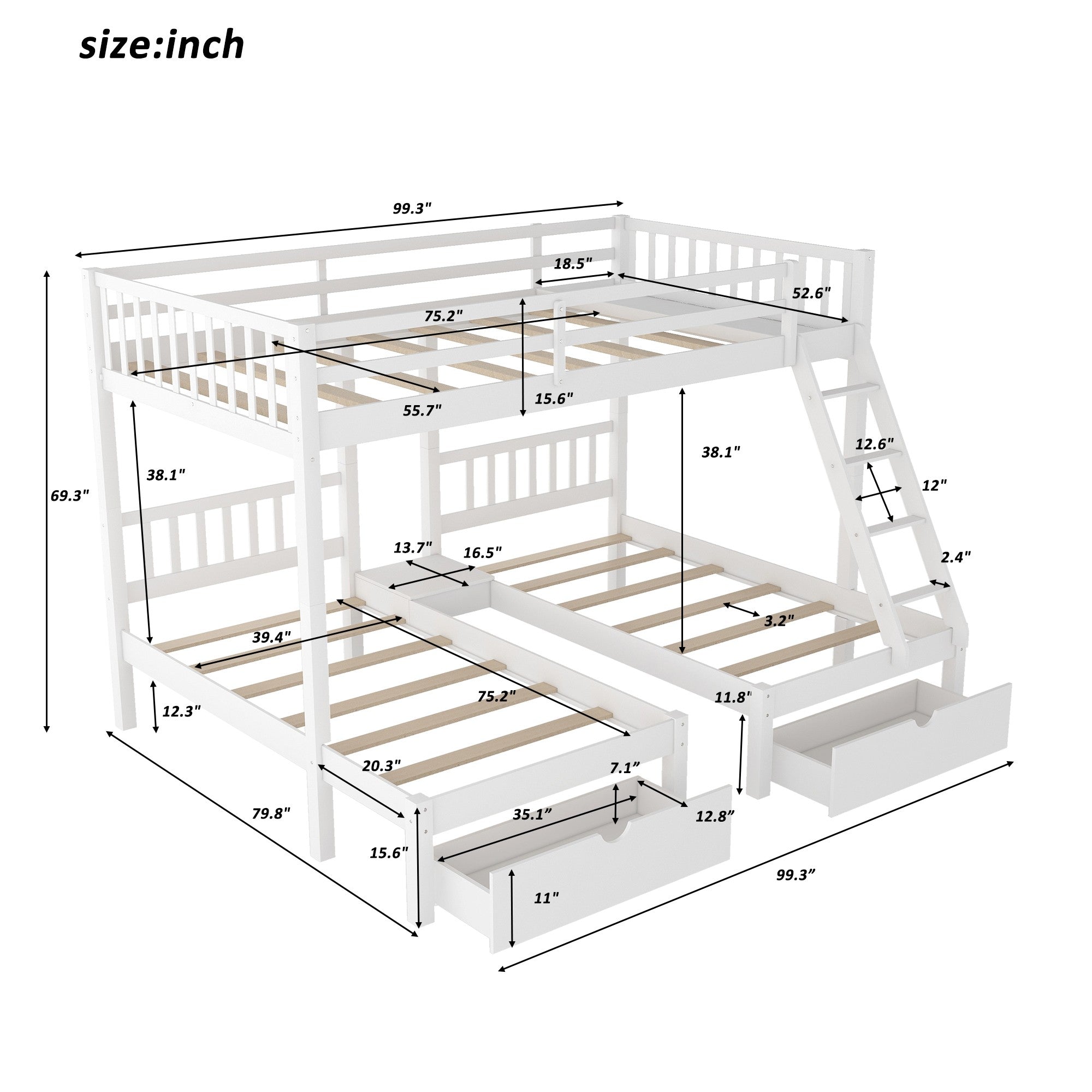 White Full Over Double Twin Triple Bunk Beds with Drawers-8