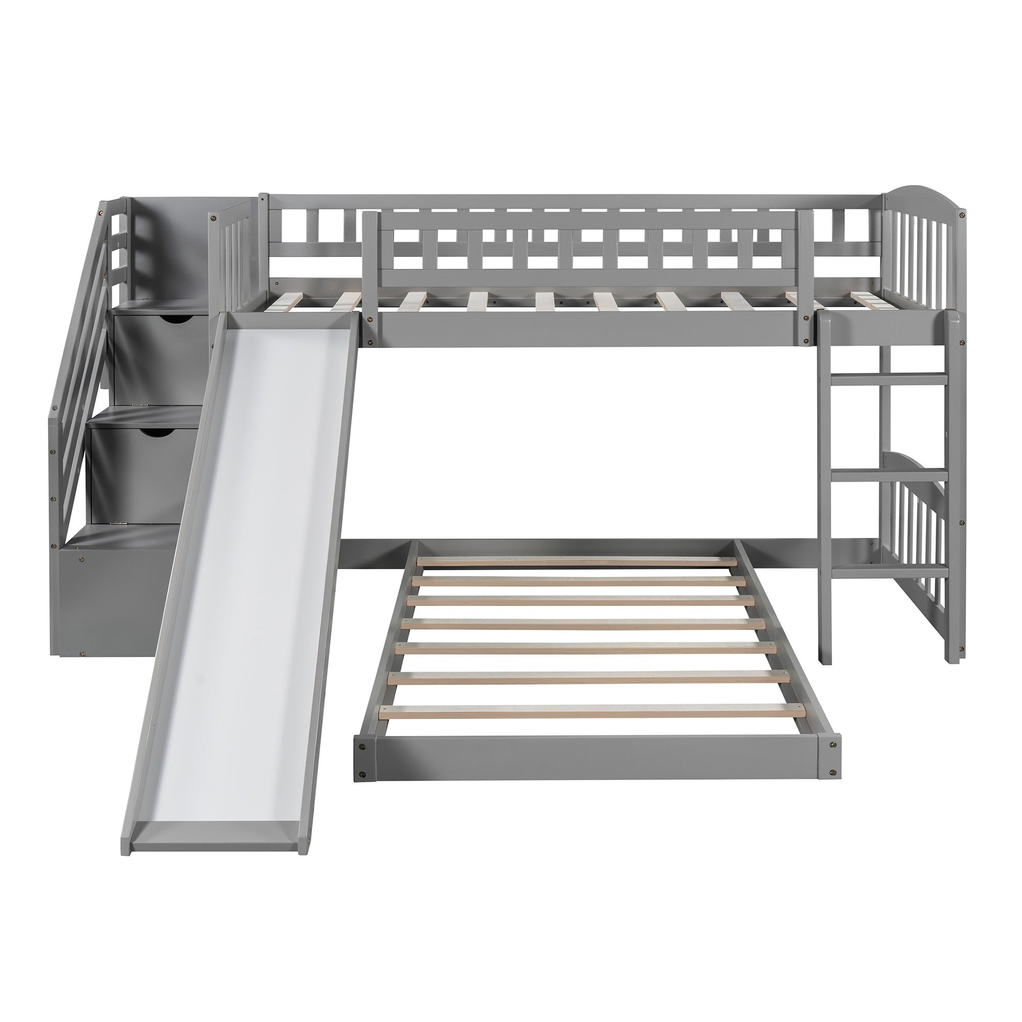 Gray Twin Over Twin Perpendicular Bunk Bed with Storage Stairs and Slide-1