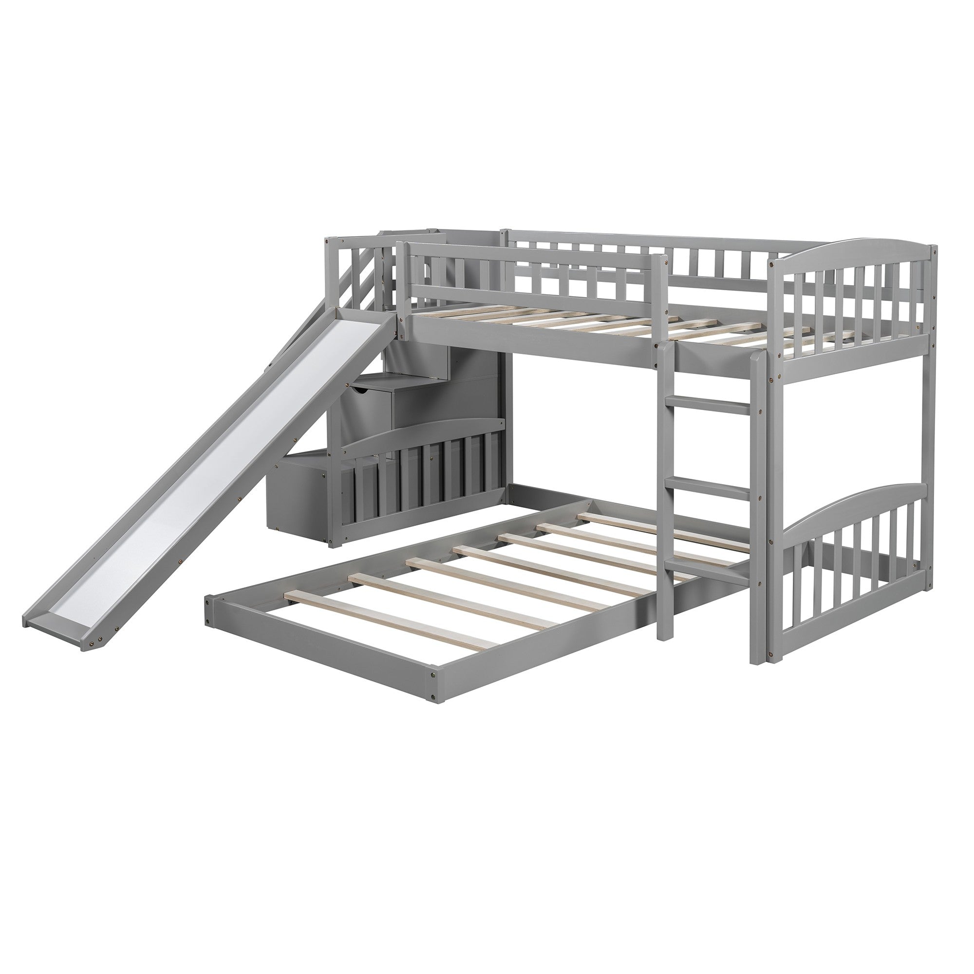 Gray Twin Over Twin Perpendicular Bunk Bed with Storage Stairs and Slide-4