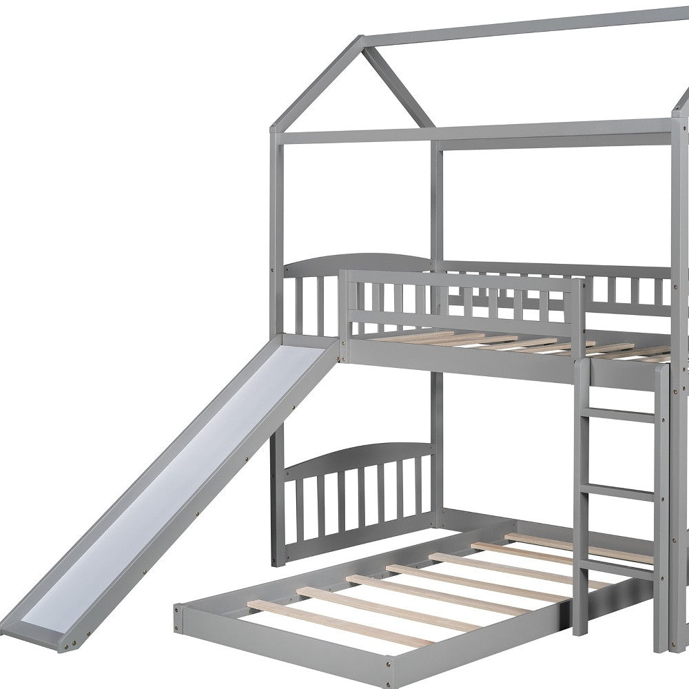 Gray Playhouse Frame Full Over Full Perpendicular Bunk Bed with Slide-7