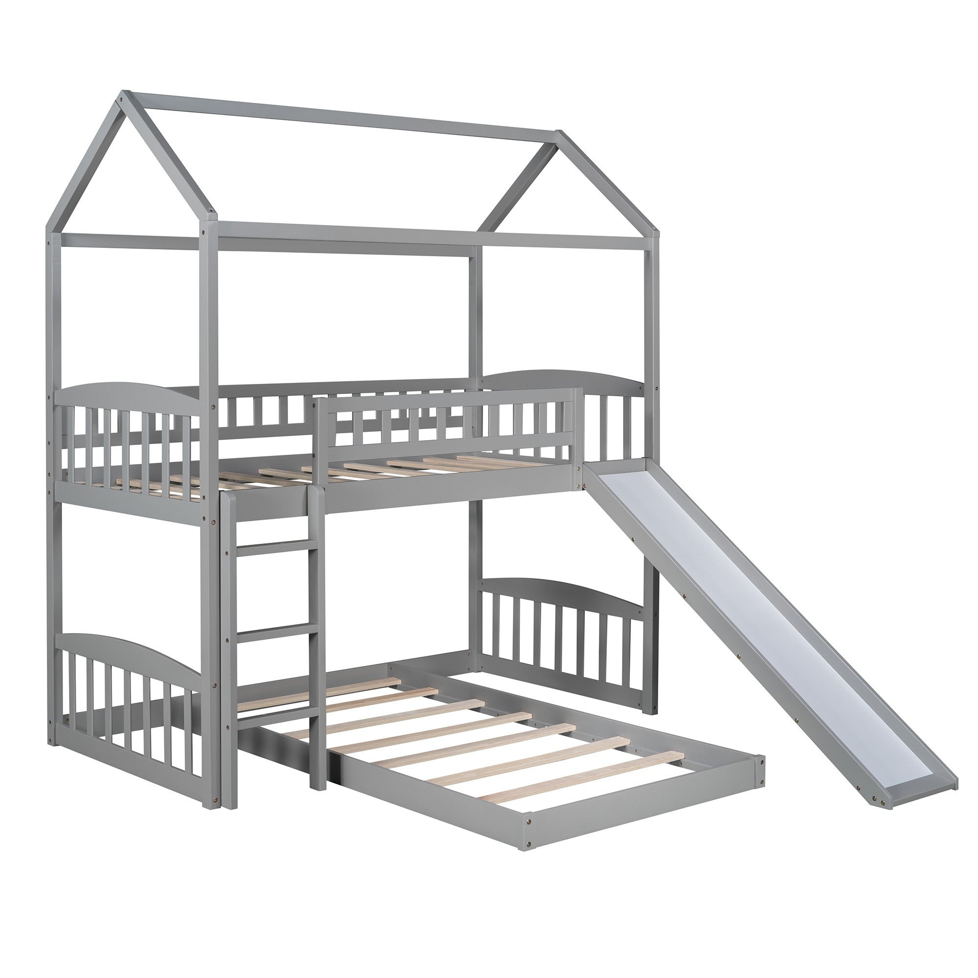 Gray Playhouse Frame Full Over Full Perpendicular Bunk Bed with Slide-8