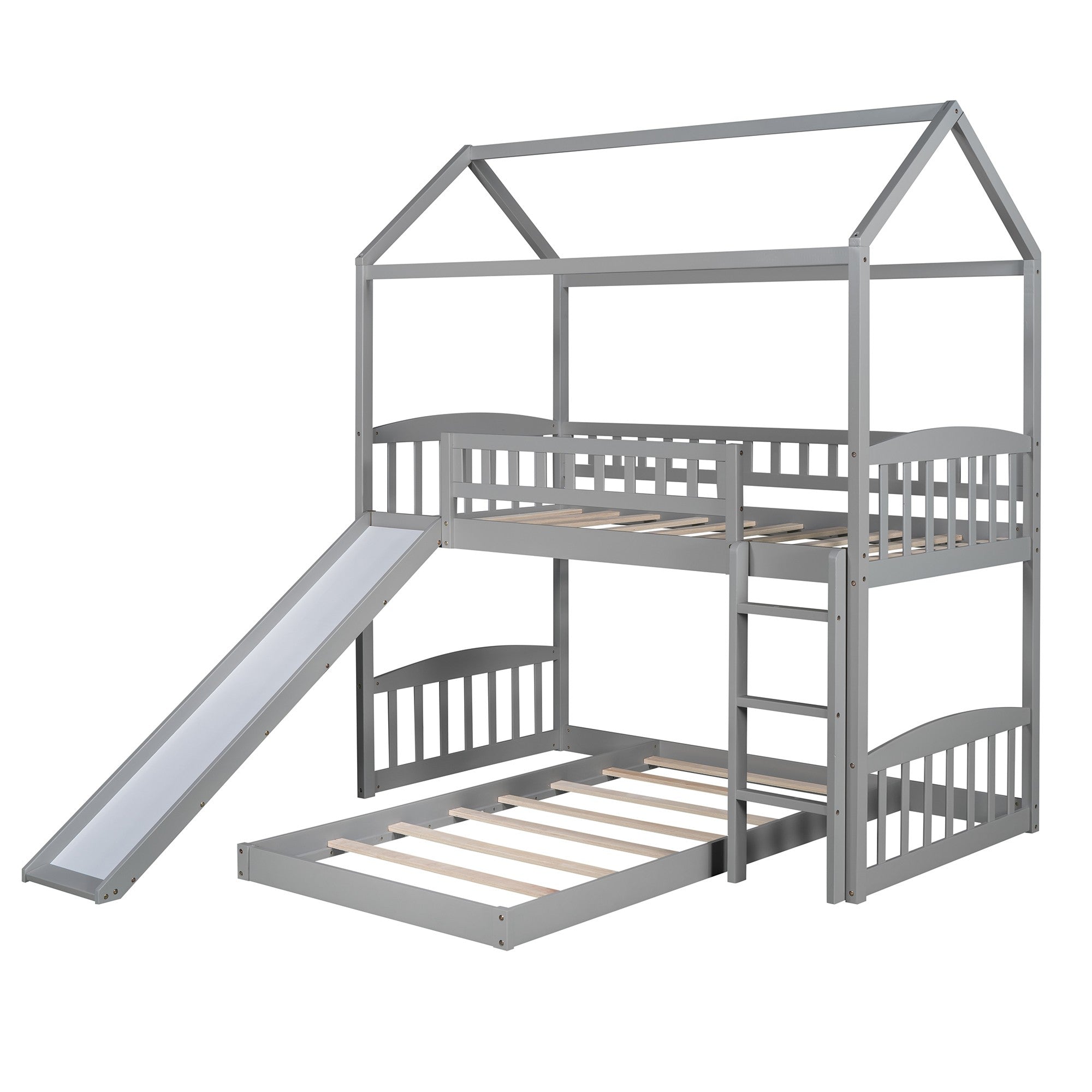 Gray Playhouse Frame Full Over Full Perpendicular Bunk Bed with Slide-0