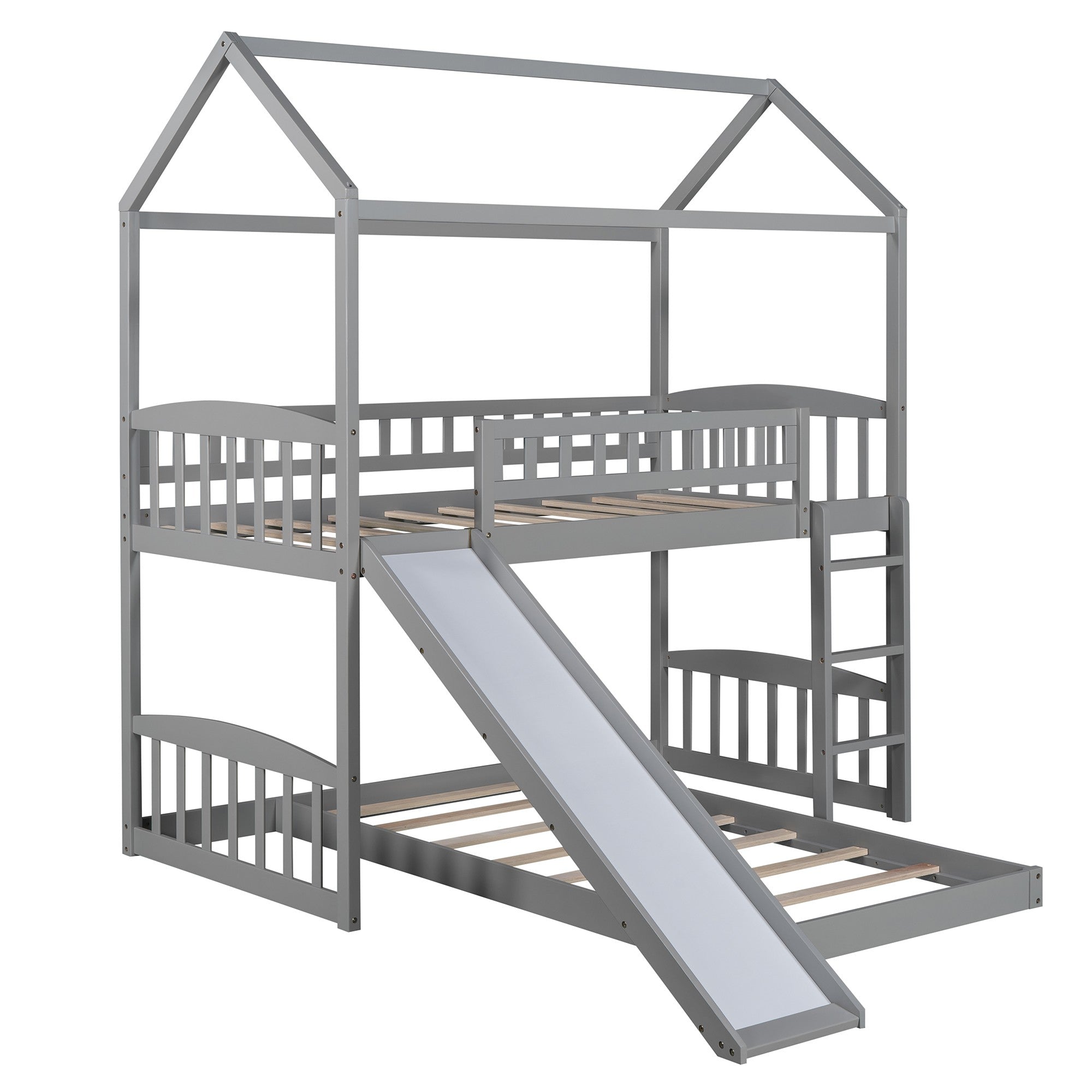 Gray Playhouse Frame Full Over Full Perpendicular Bunk Bed with Slide-2