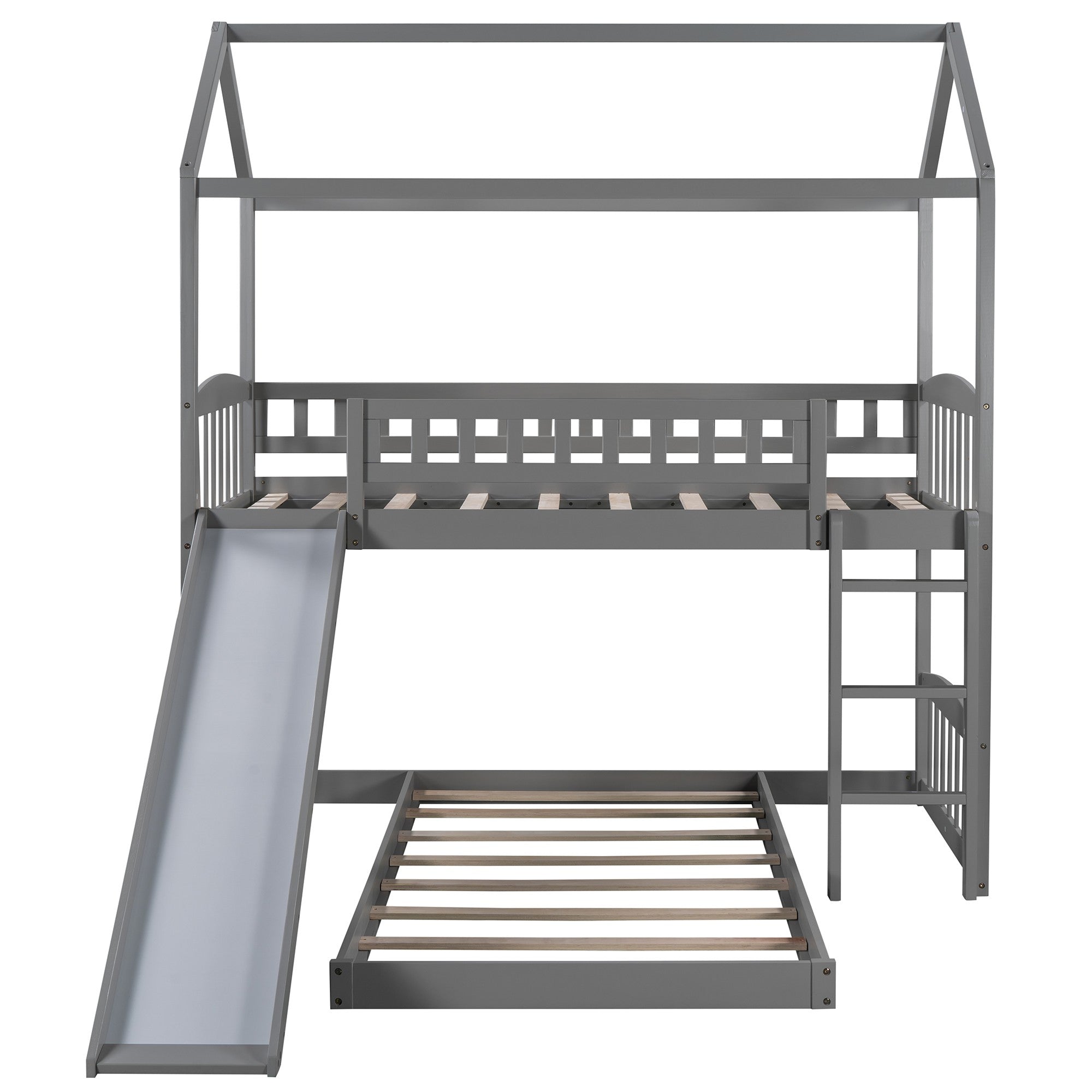 Gray Playhouse Frame Full Over Full Perpendicular Bunk Bed with Slide-3