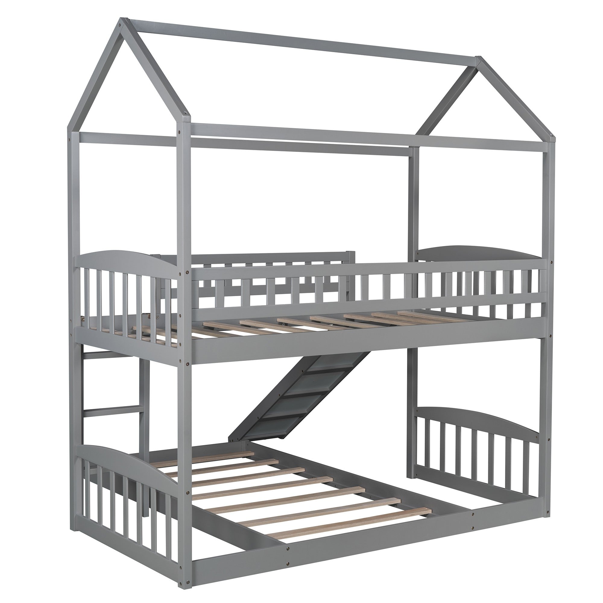 Gray Playhouse Frame Full Over Full Perpendicular Bunk Bed with Slide-5