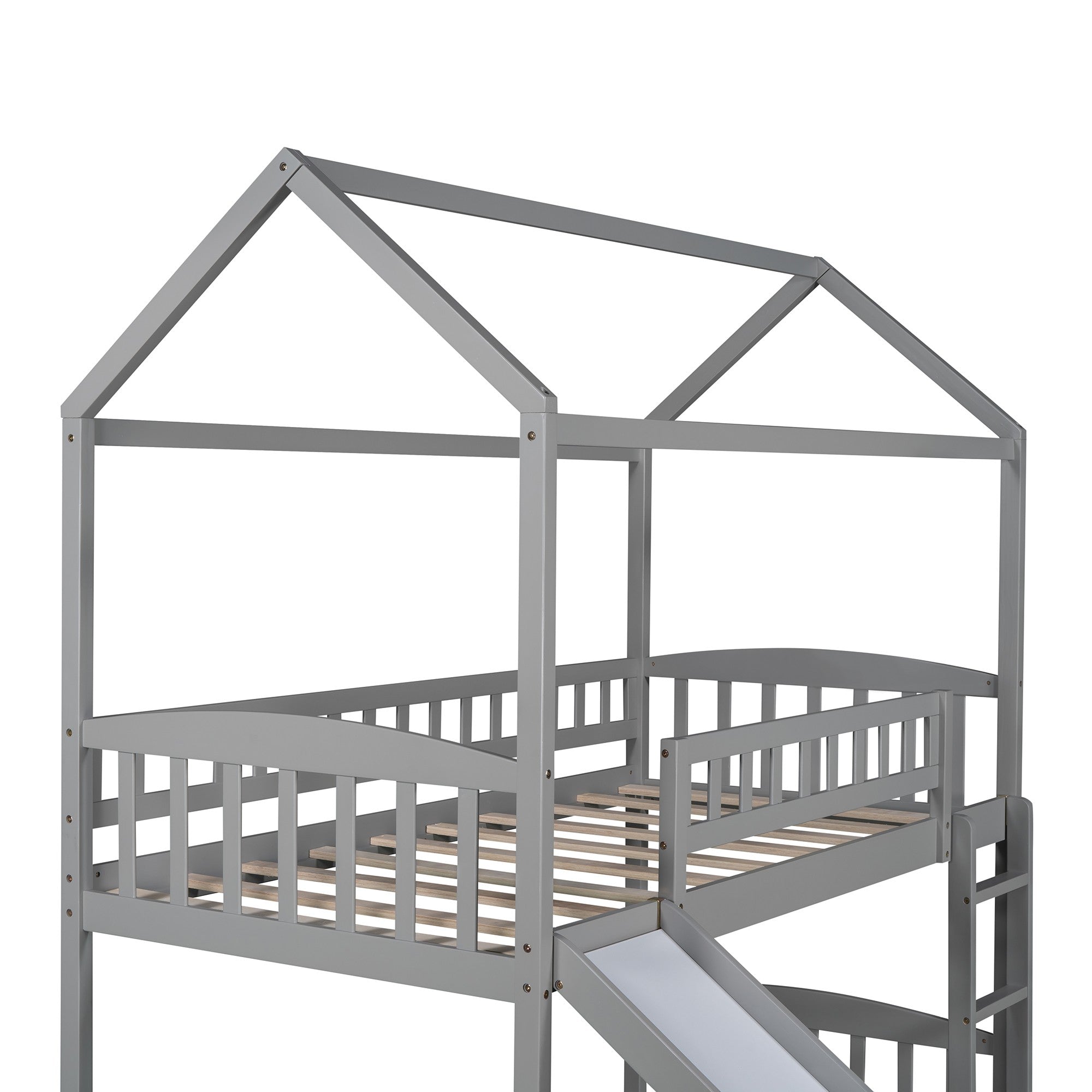 Gray Playhouse Frame Full Over Full Perpendicular Bunk Bed with Slide-6