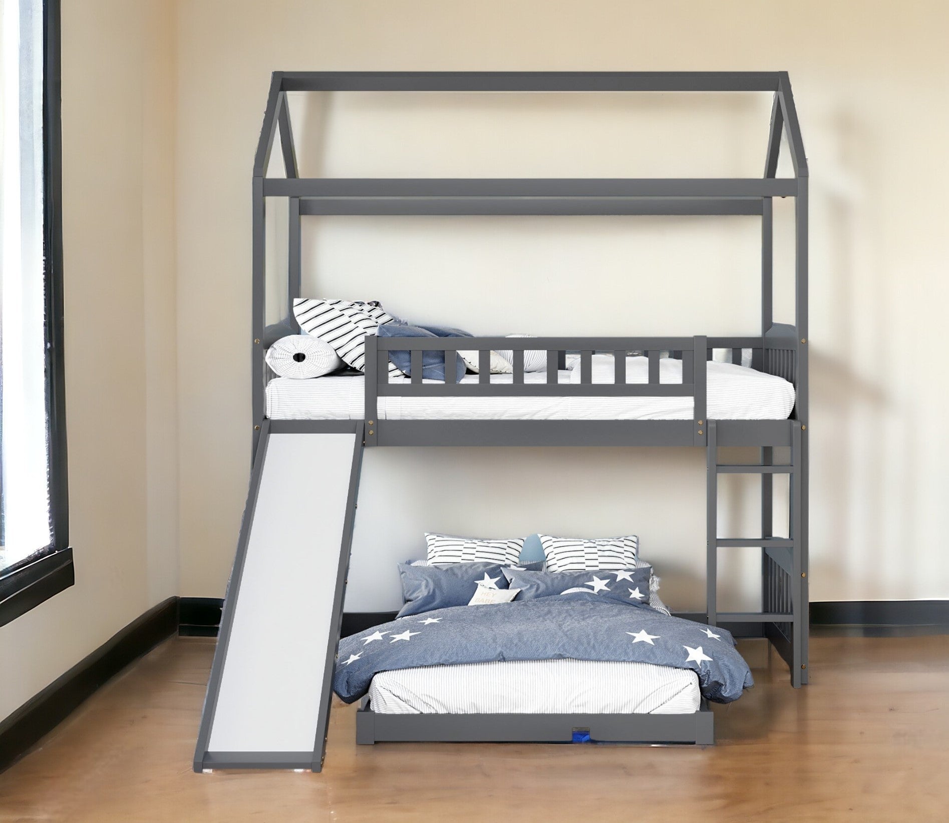 Gray Playhouse Frame Full Over Full Perpendicular Bunk Bed with Slide-1