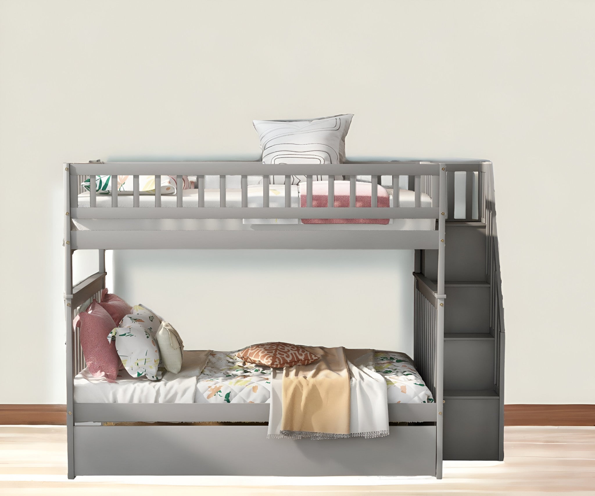 Gray Full Over Full Farmhouse Style Bunk Bed with Trundle and Staircase-0