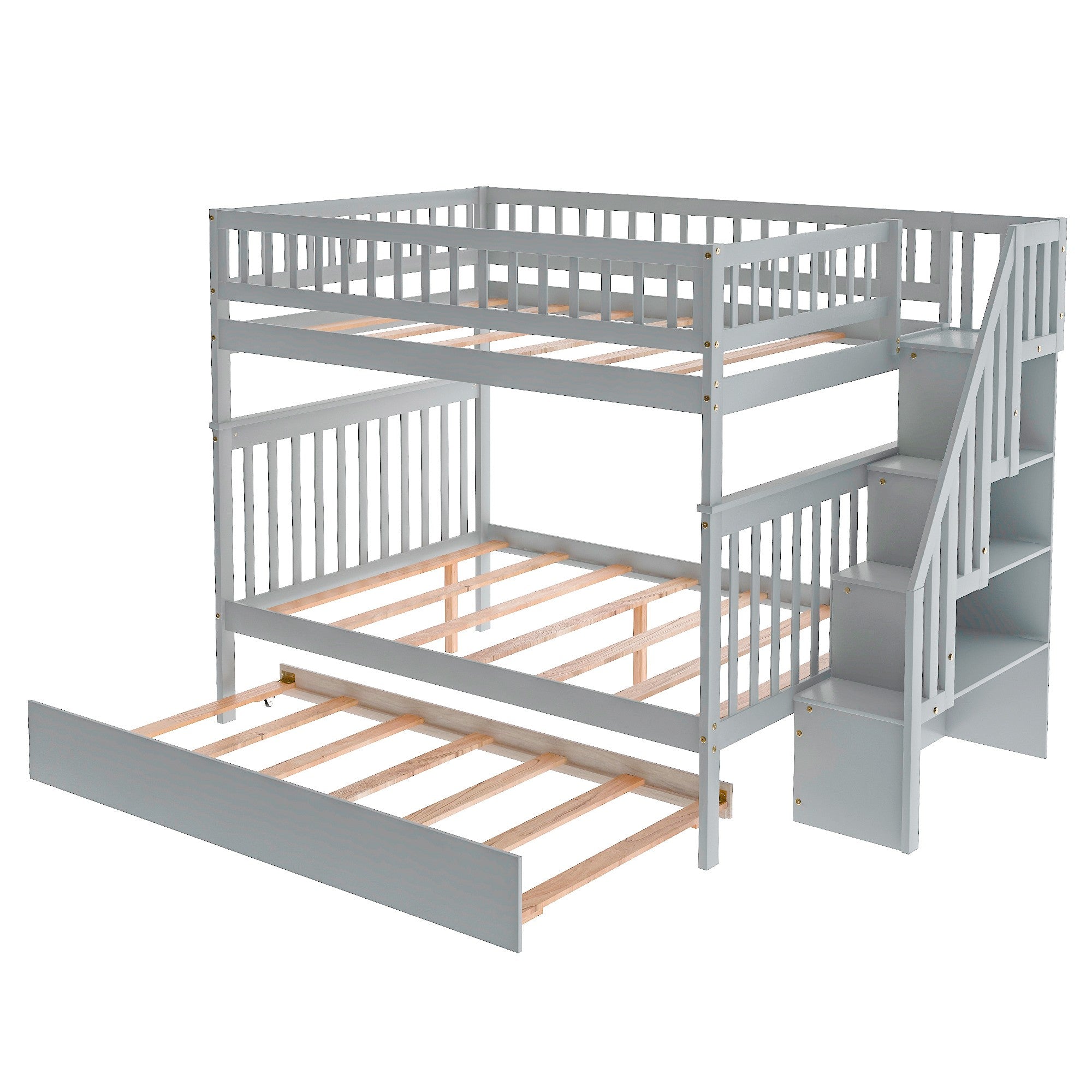 Gray Full Over Full Farmhouse Style Bunk Bed with Trundle and Staircase-1