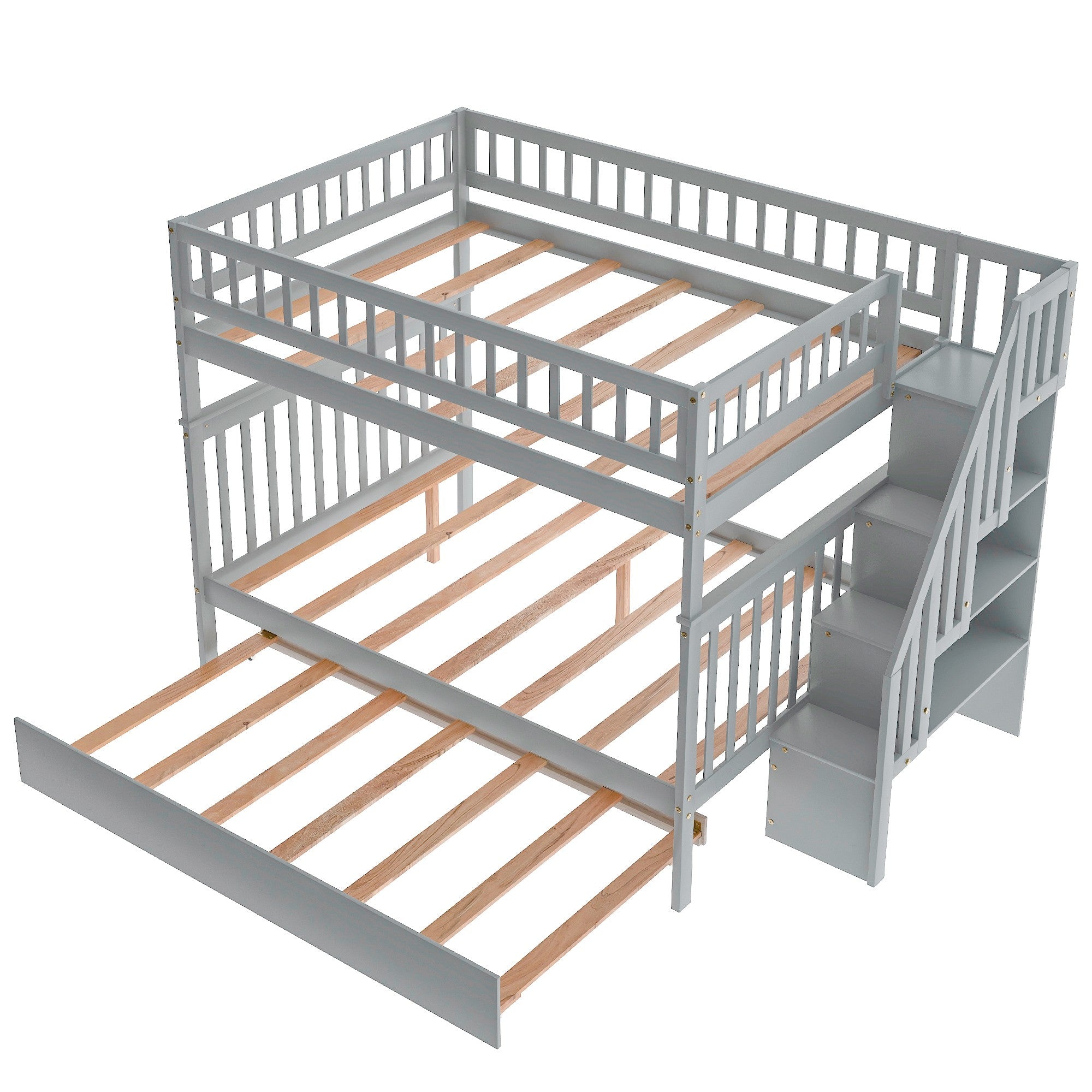 Gray Full Over Full Farmhouse Style Bunk Bed with Trundle and Staircase-3