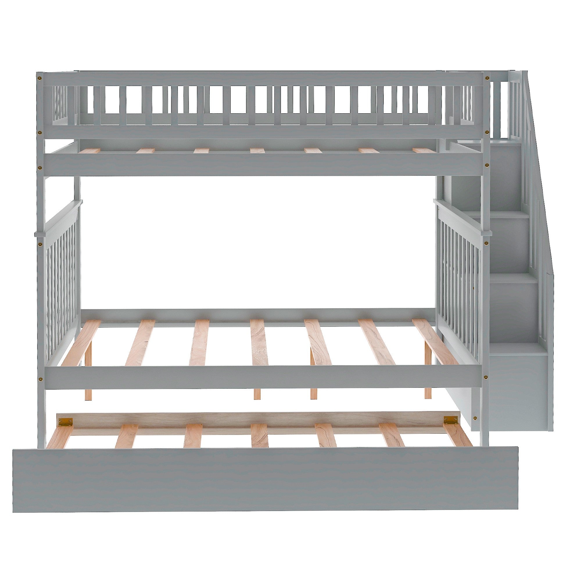 Gray Full Over Full Farmhouse Style Bunk Bed with Trundle and Staircase-4