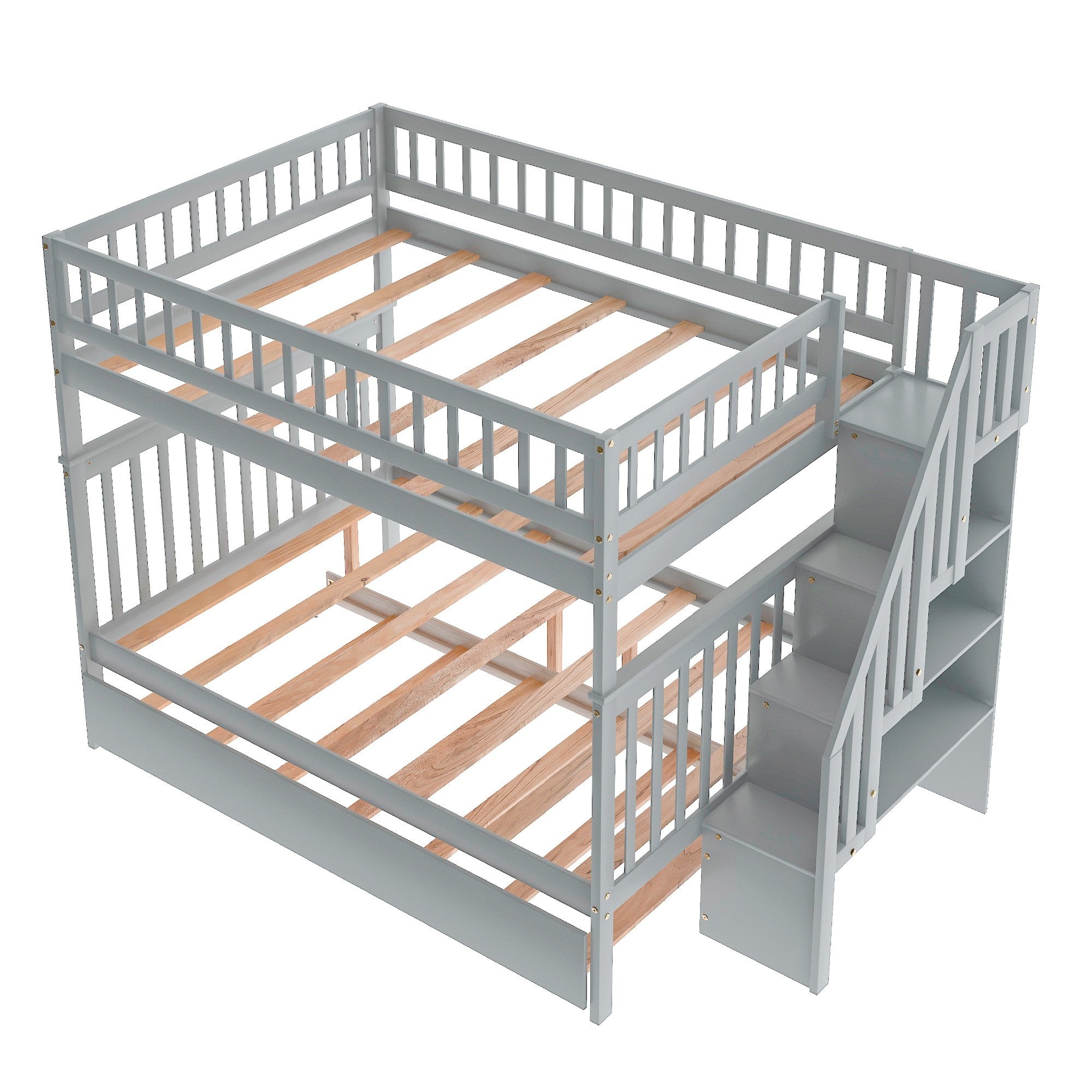 Gray Full Over Full Farmhouse Style Bunk Bed with Trundle and Staircase-5