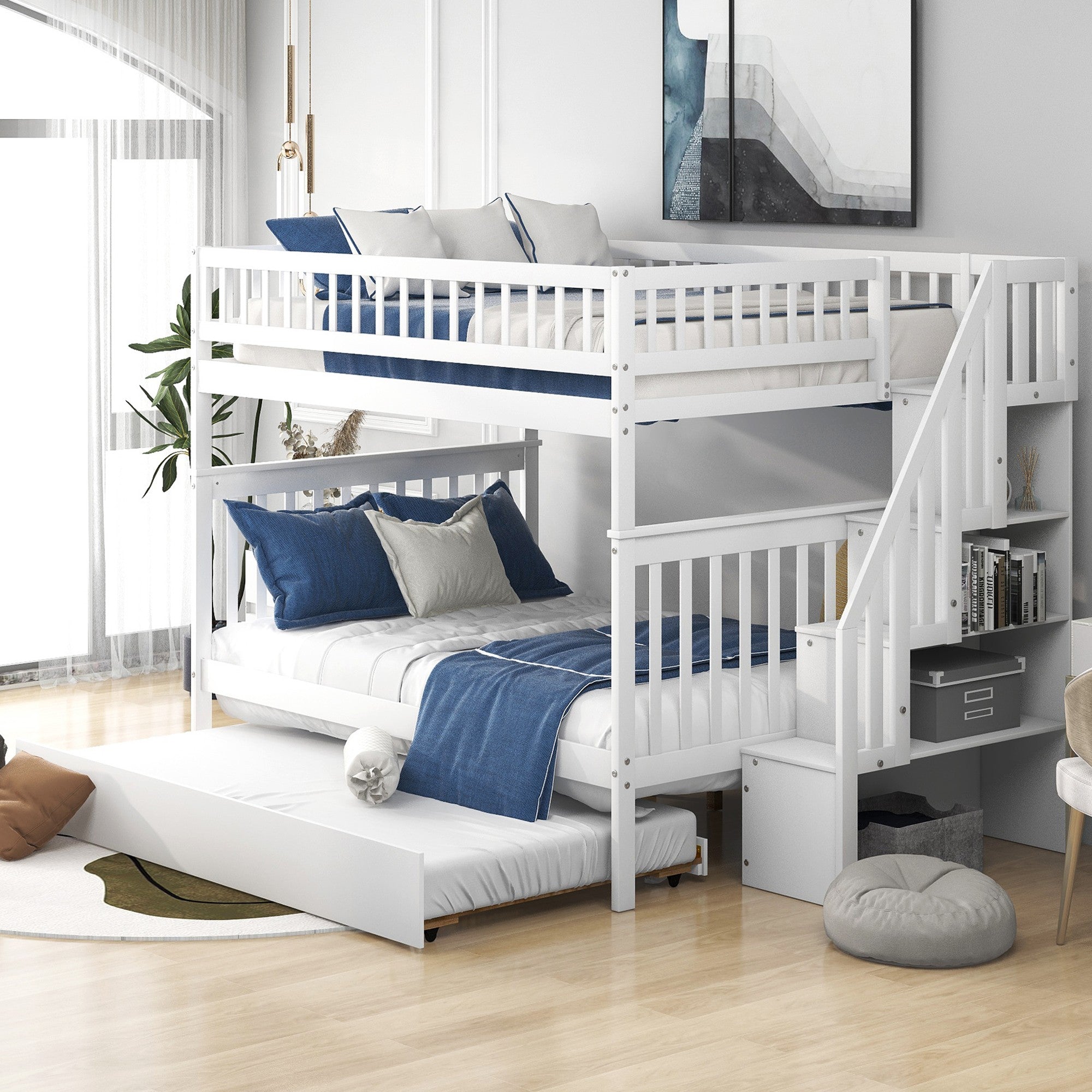 White Full Over Full Farmhouse Style Bunk Bed with Trundle and Staircase-8