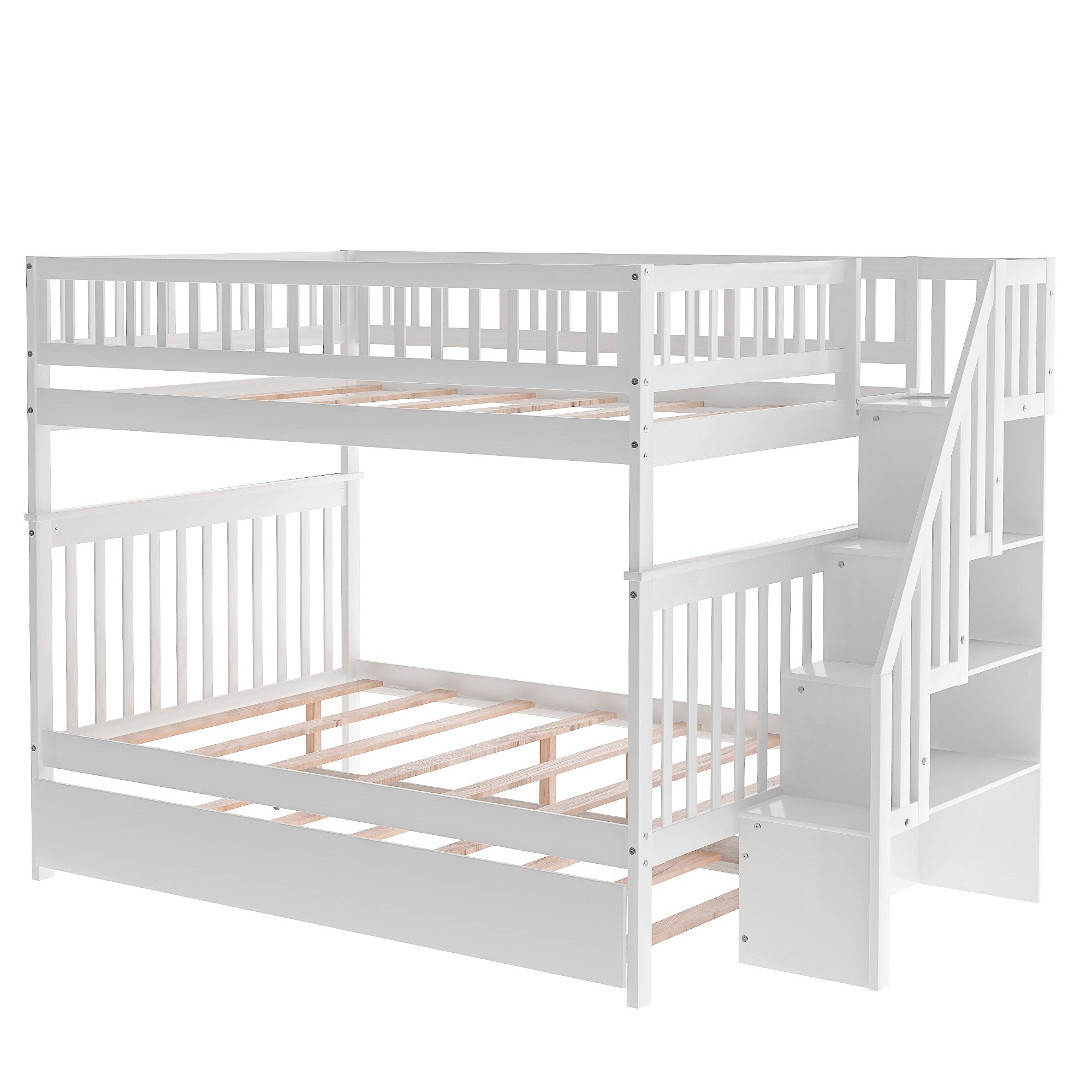 White Full Over Full Farmhouse Style Bunk Bed with Trundle and Staircase-2