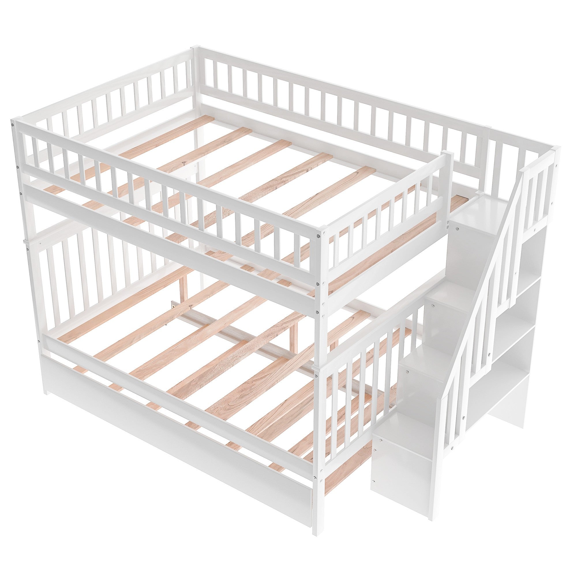 White Full Over Full Farmhouse Style Bunk Bed with Trundle and Staircase-3