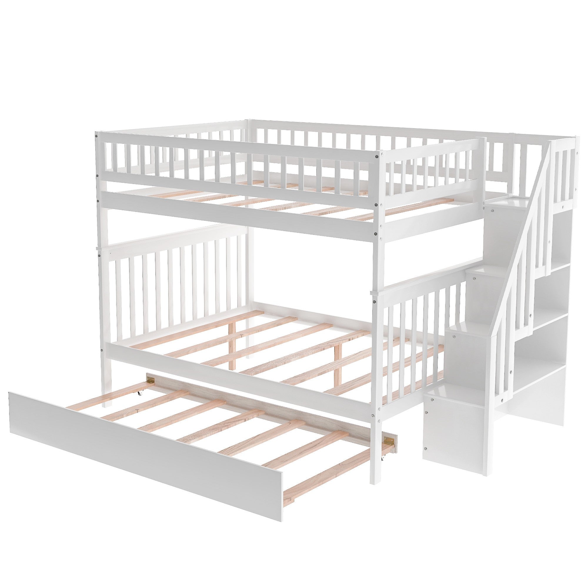 White Full Over Full Farmhouse Style Bunk Bed with Trundle and Staircase-4