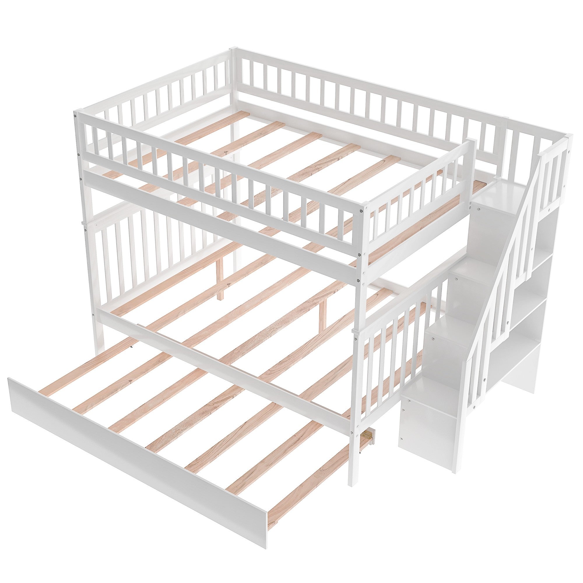 White Full Over Full Farmhouse Style Bunk Bed with Trundle and Staircase-5