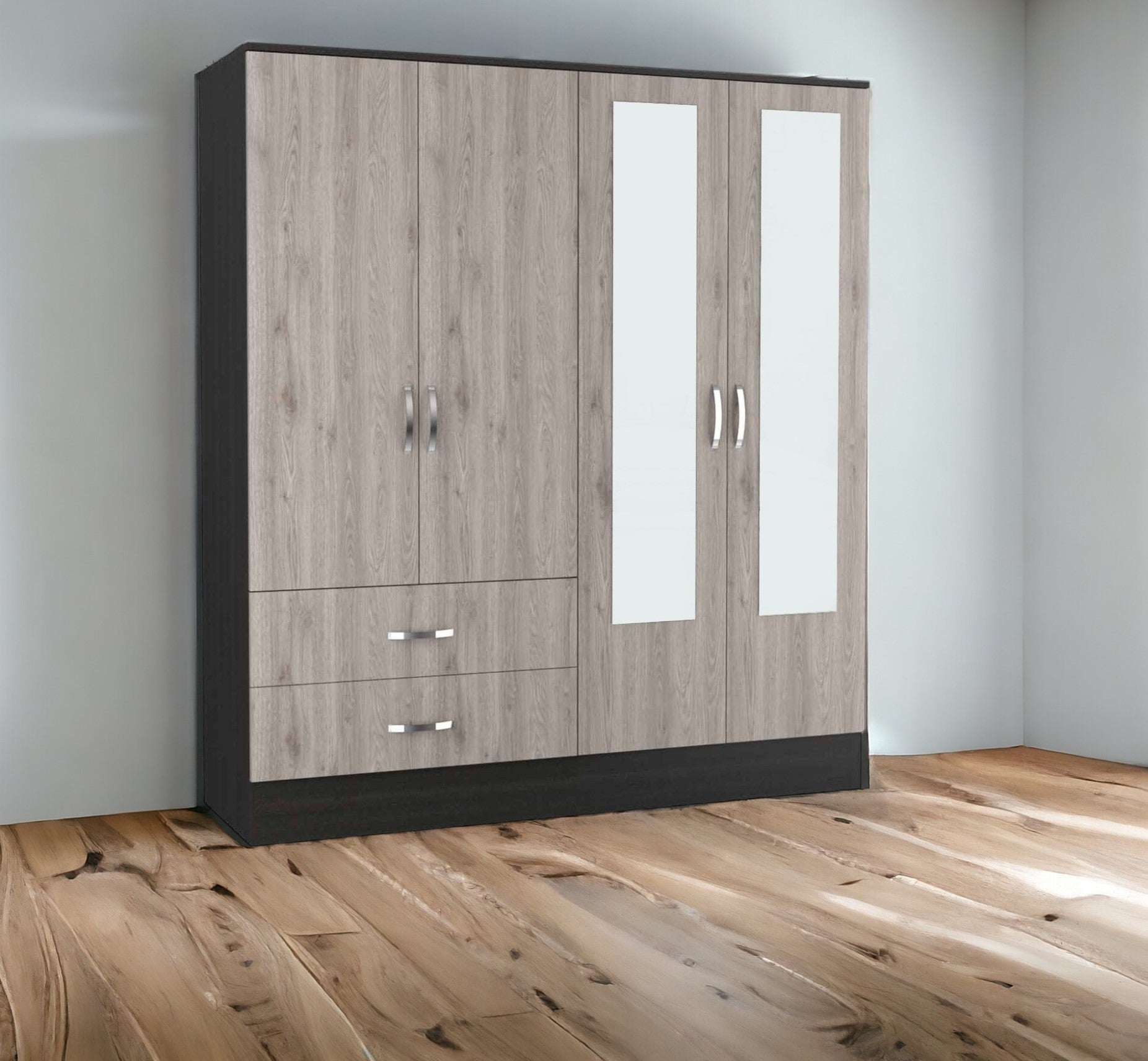 71" Light Oak and Black Four Door Wardrobe Closet with Mirrors-2