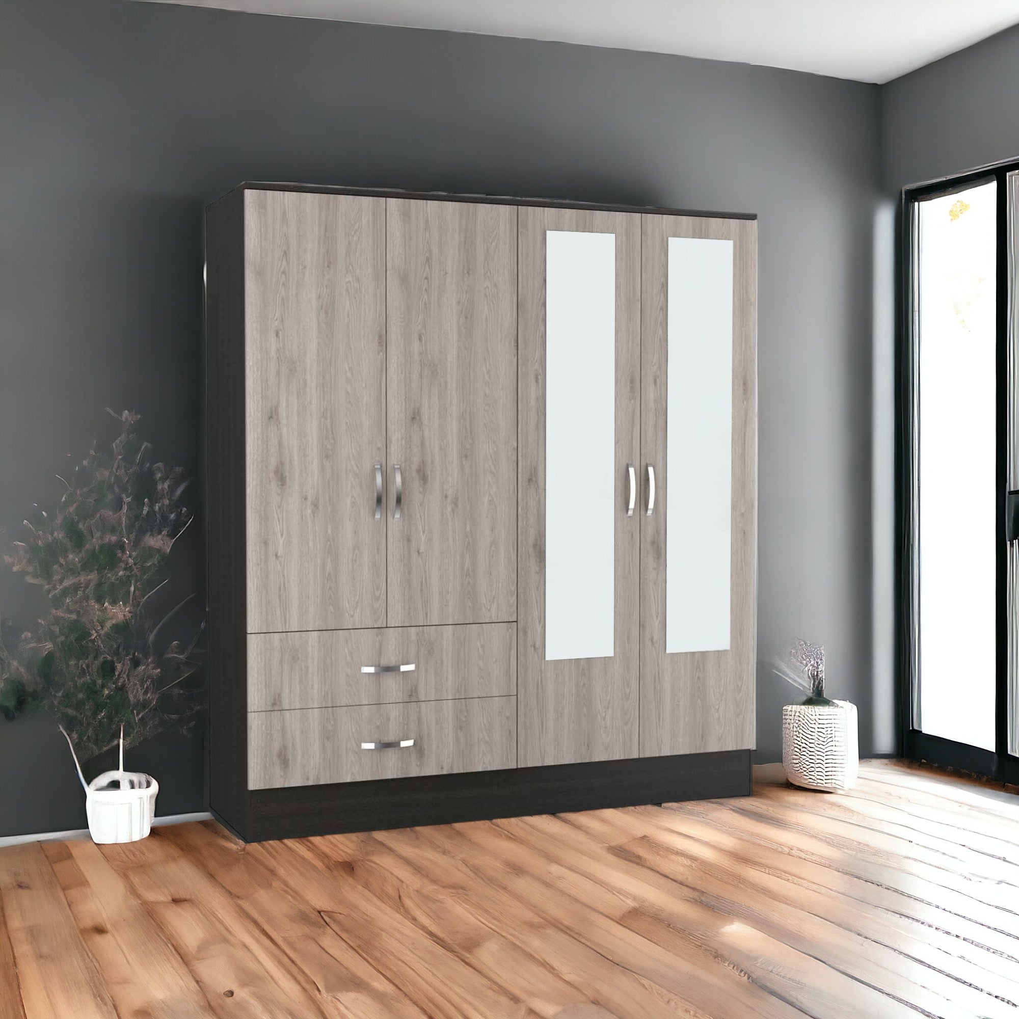 71" Light Oak and Black Four Door Wardrobe Closet with Mirrors-1