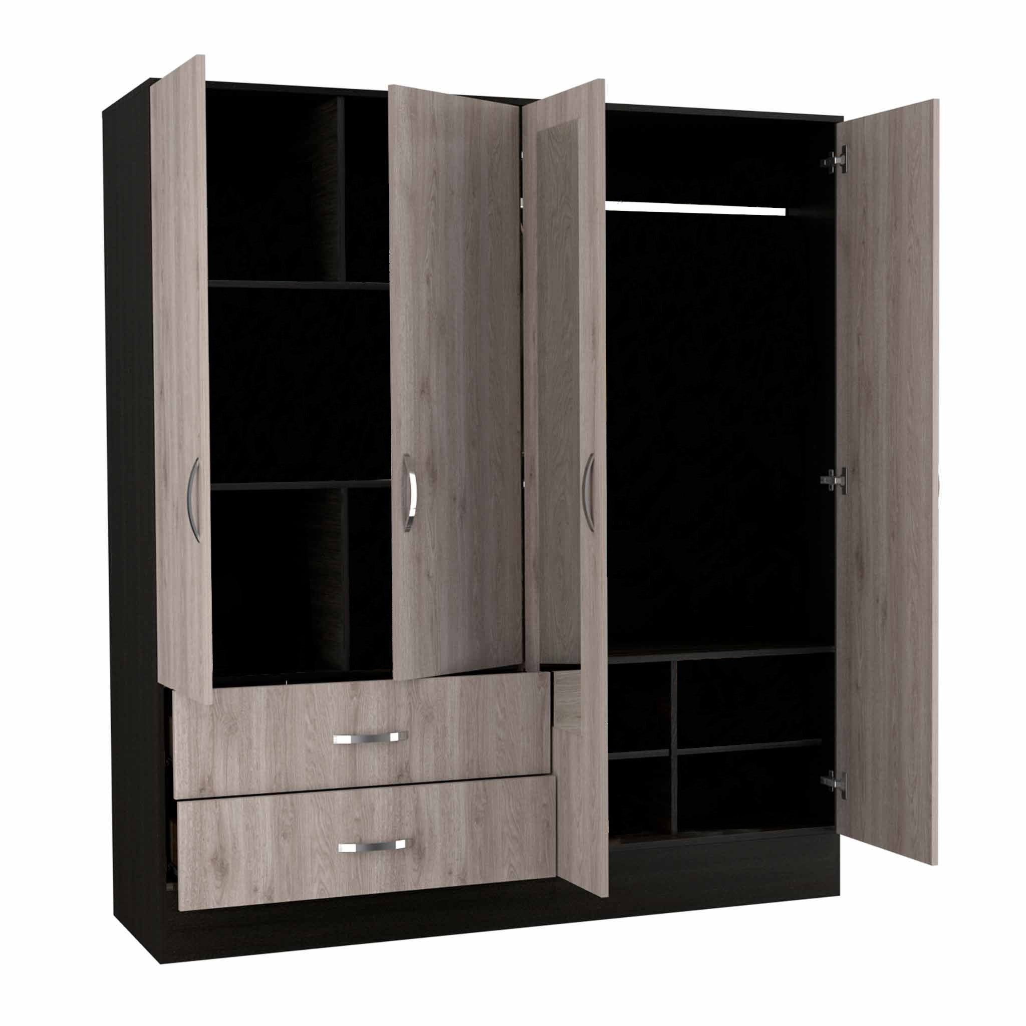 71" Light Oak and Black Four Door Wardrobe Closet with Mirrors-5