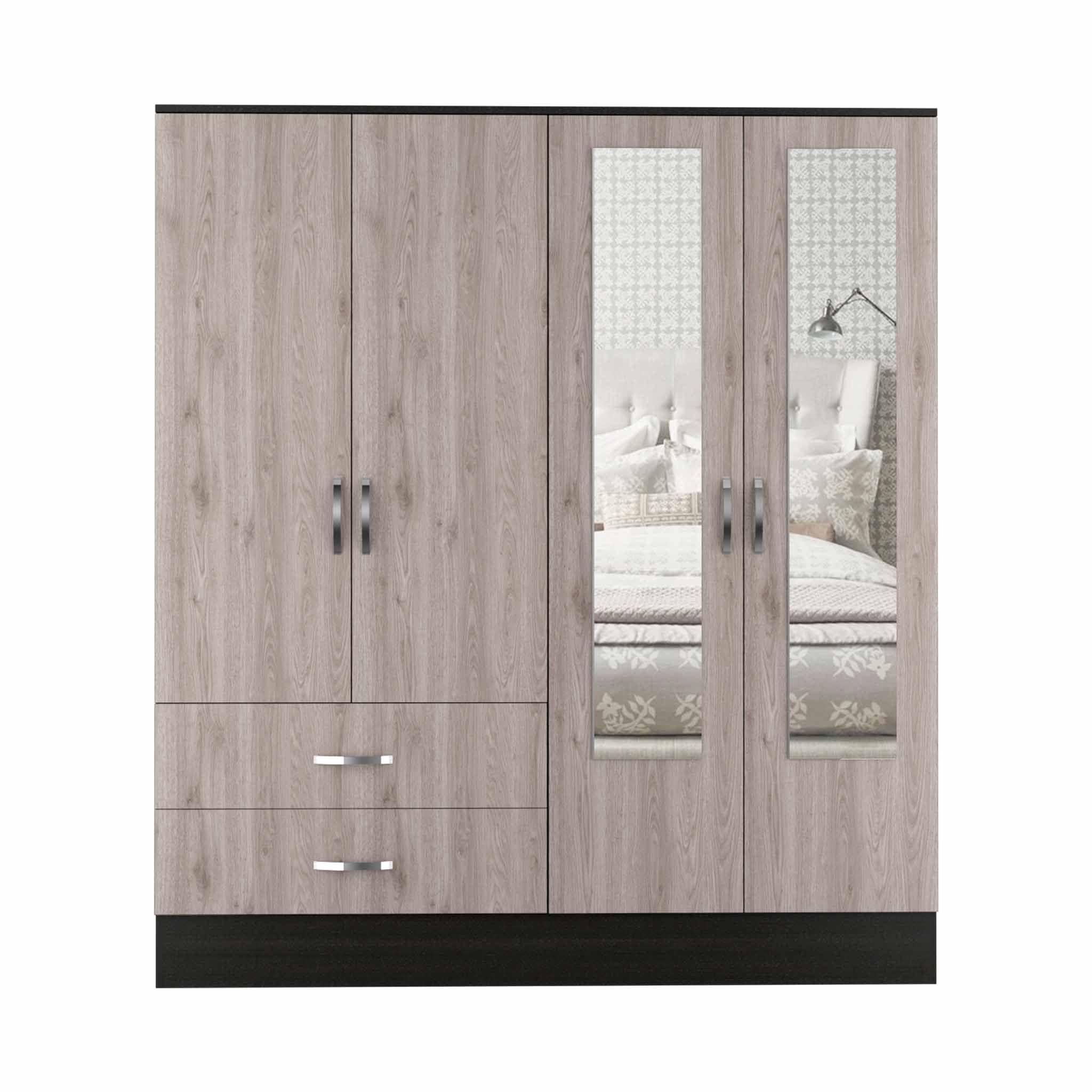 71" Light Oak and Black Four Door Wardrobe Closet with Mirrors-3