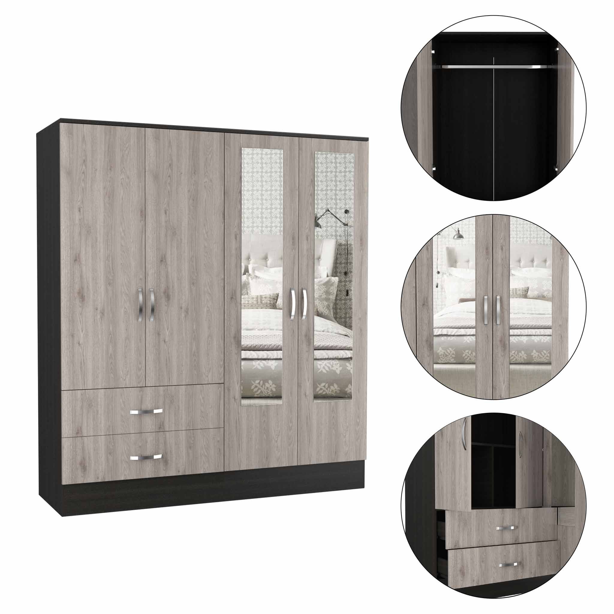 71" Light Oak and Black Four Door Wardrobe Closet with Mirrors-8