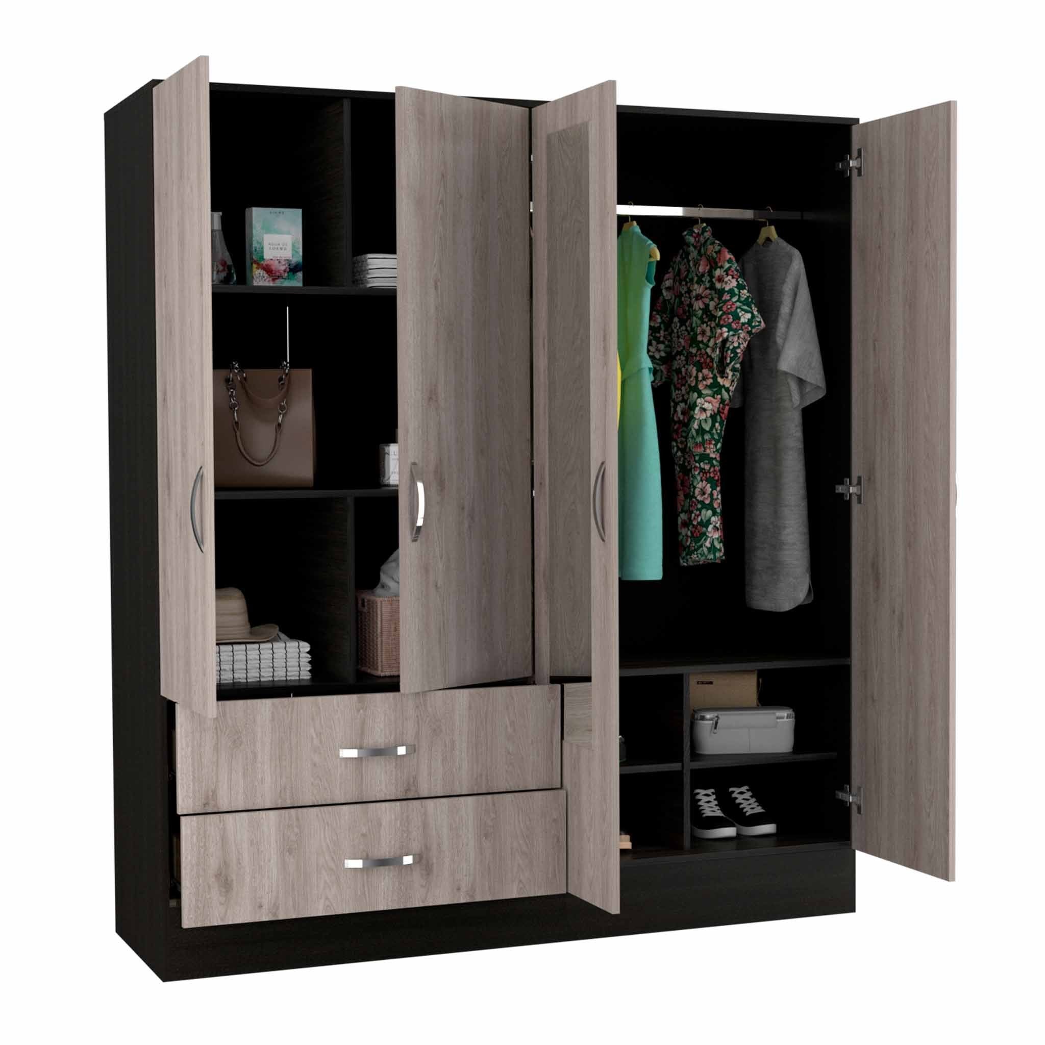 71" Light Oak and Black Four Door Wardrobe Closet with Mirrors-7