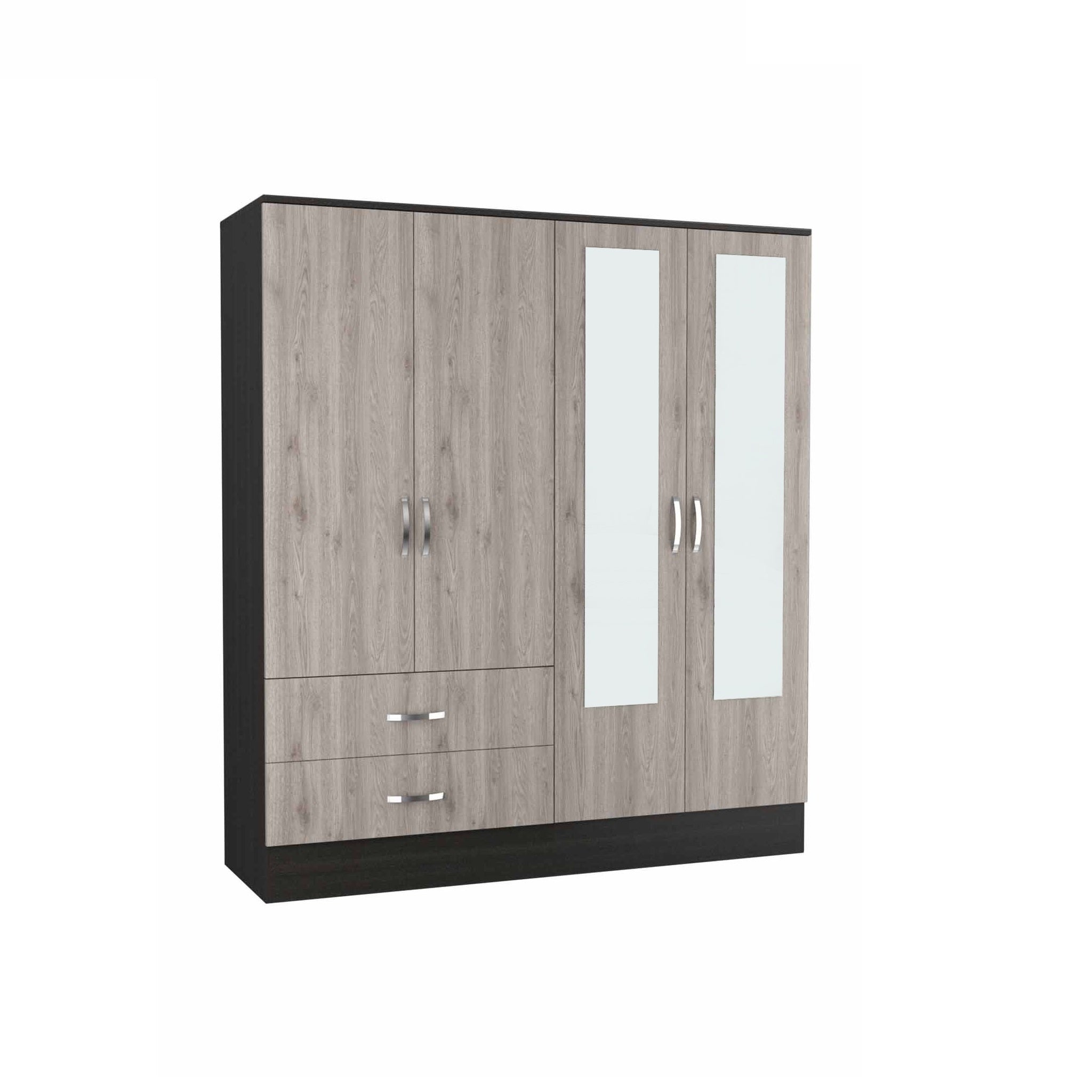 71" Light Oak and Black Four Door Wardrobe Closet with Mirrors-4