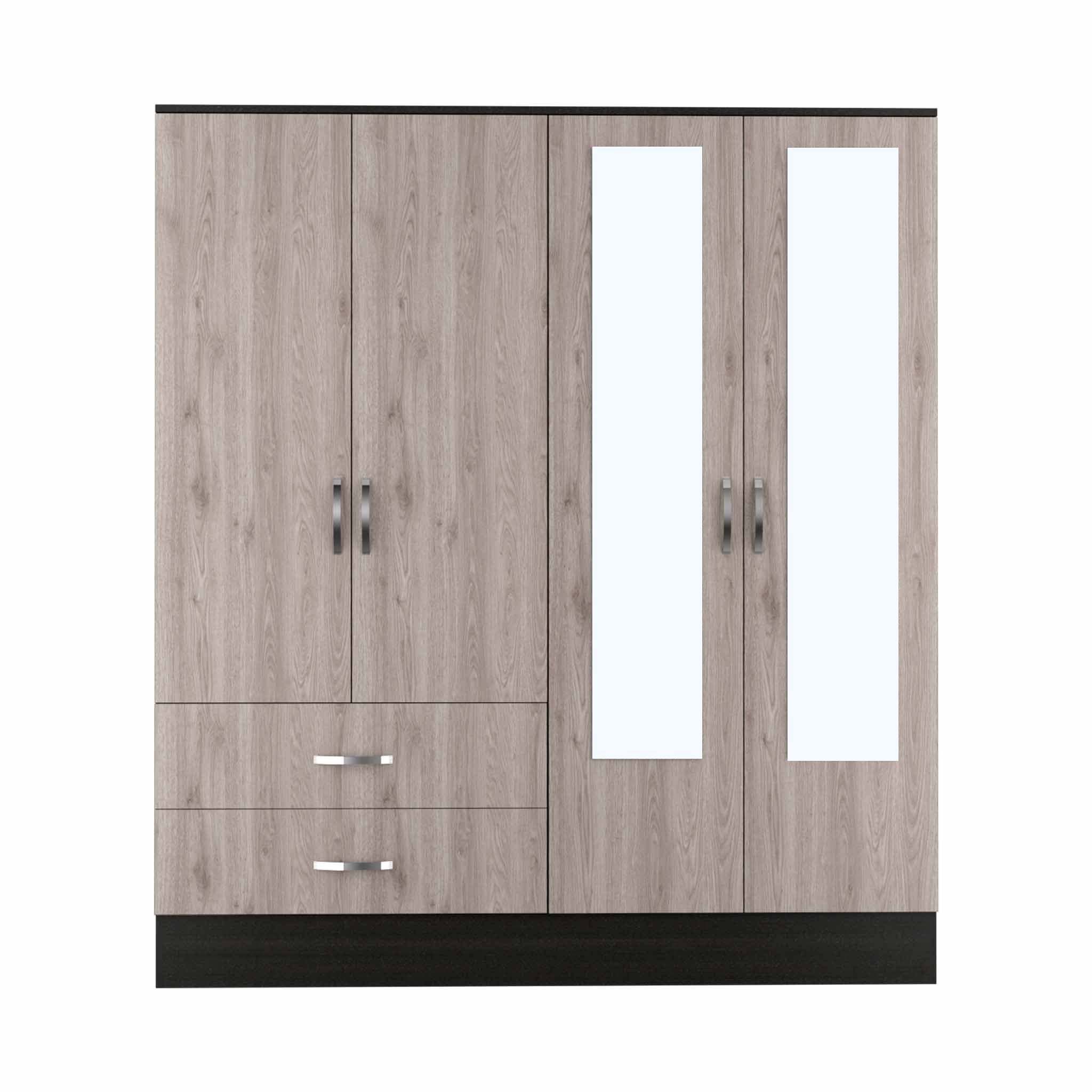 71" Light Oak and Black Four Door Wardrobe Closet with Mirrors-0