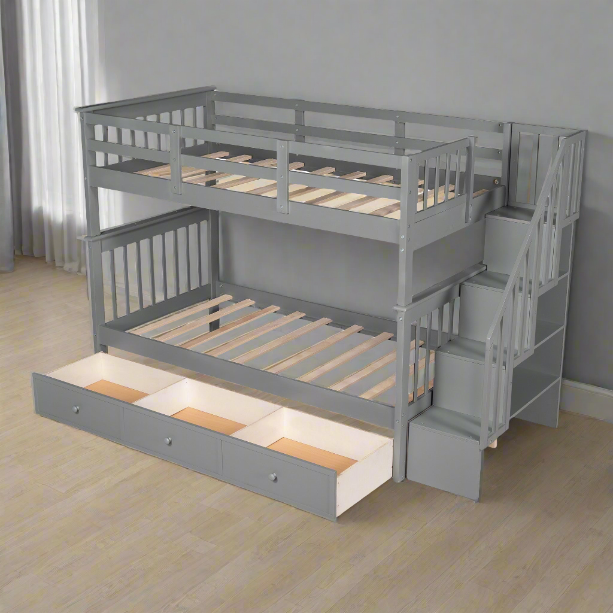 Gray Twin Over Twin Bunk Bed with Stairway and Drawers