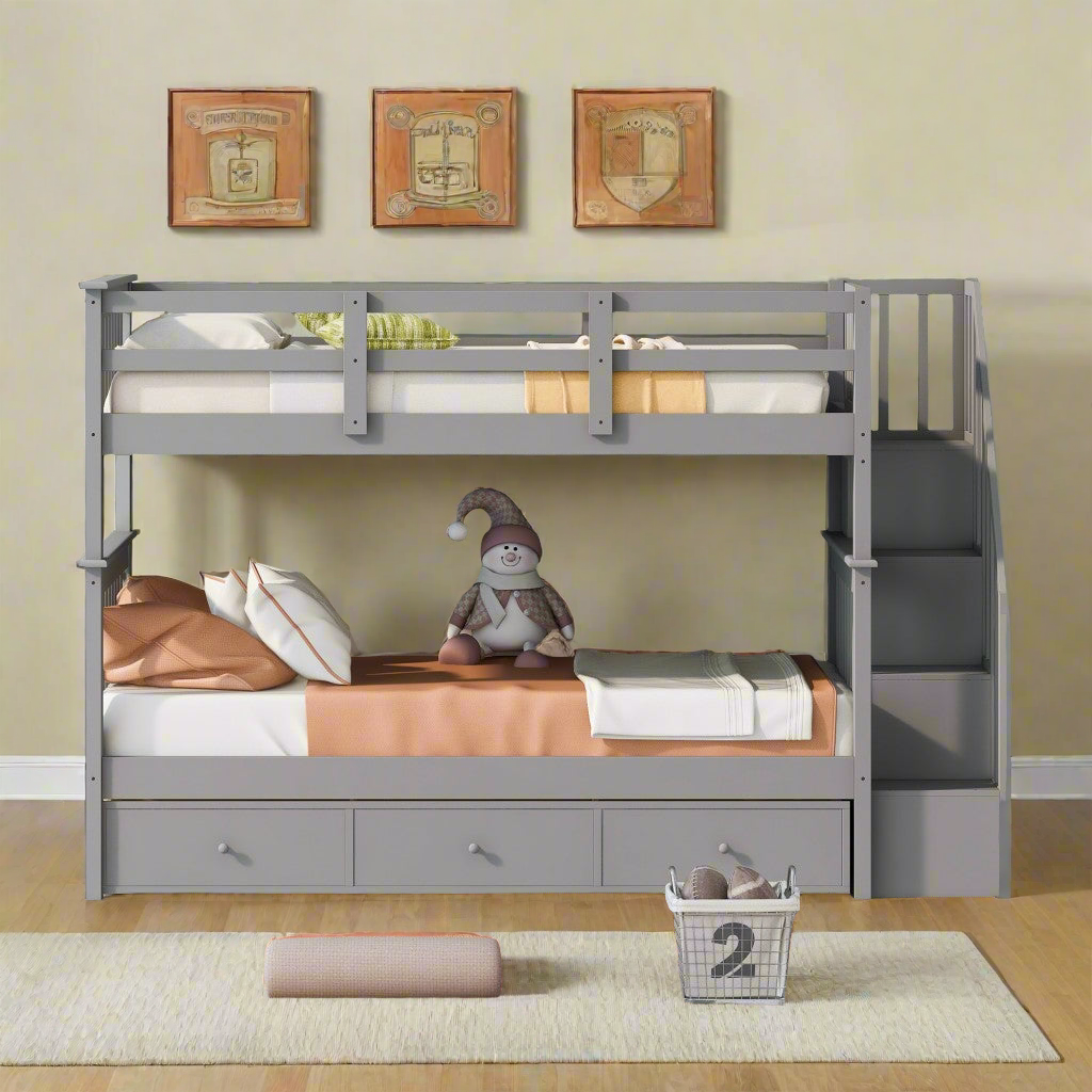 Gray Twin Over Twin Bunk Bed with Stairway and Drawers