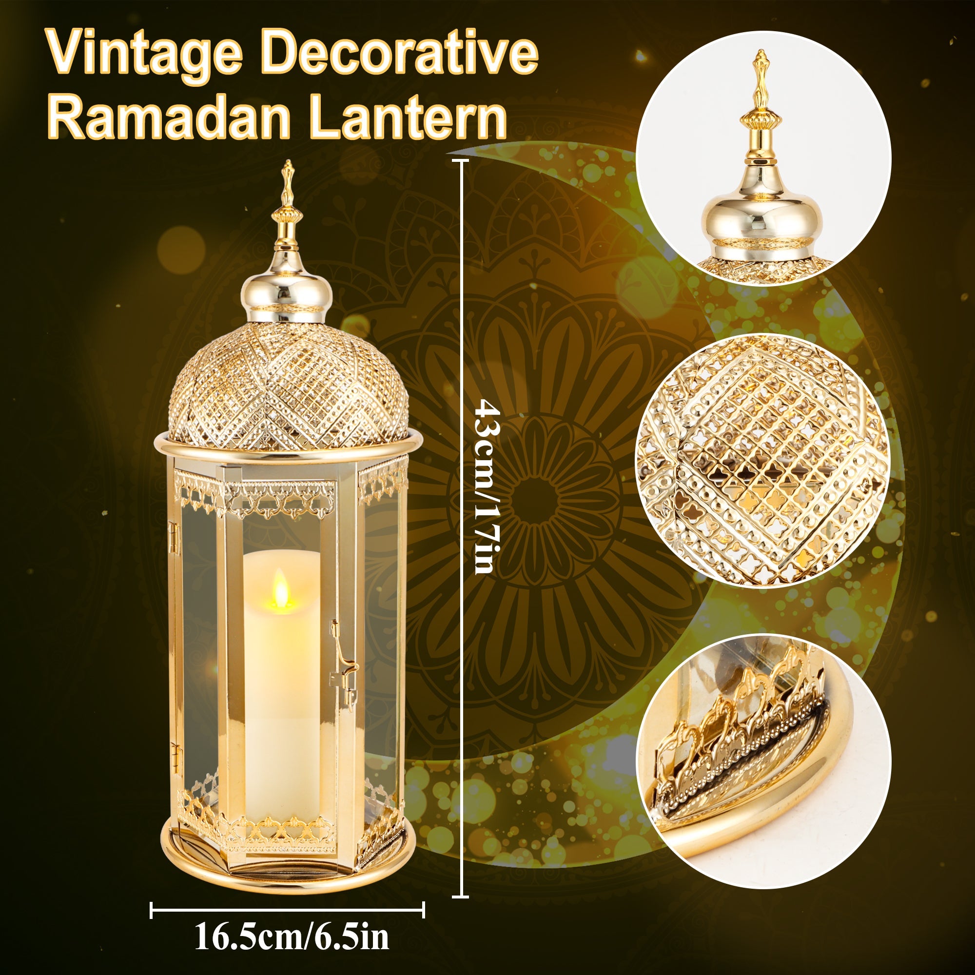 Moroccan Candle Lantern - 15'' Gold Hexagonal, Tempered Glass, Ramadan Decor for Indoor/Outdoor, Living Room, Parties & Events-0