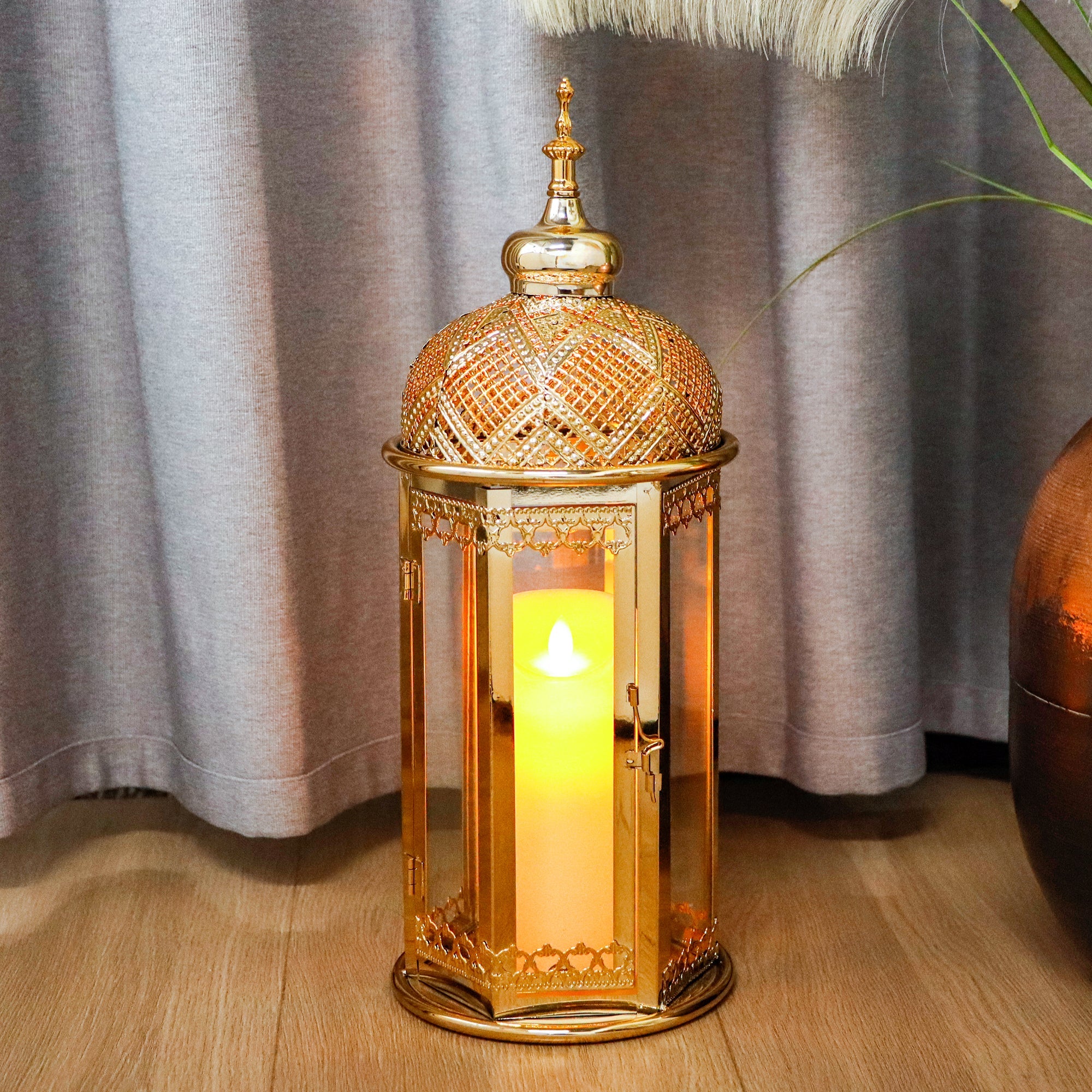 Moroccan Candle Lantern - 15'' Gold Hexagonal, Tempered Glass, Ramadan Decor for Indoor/Outdoor, Living Room, Parties & Events-2