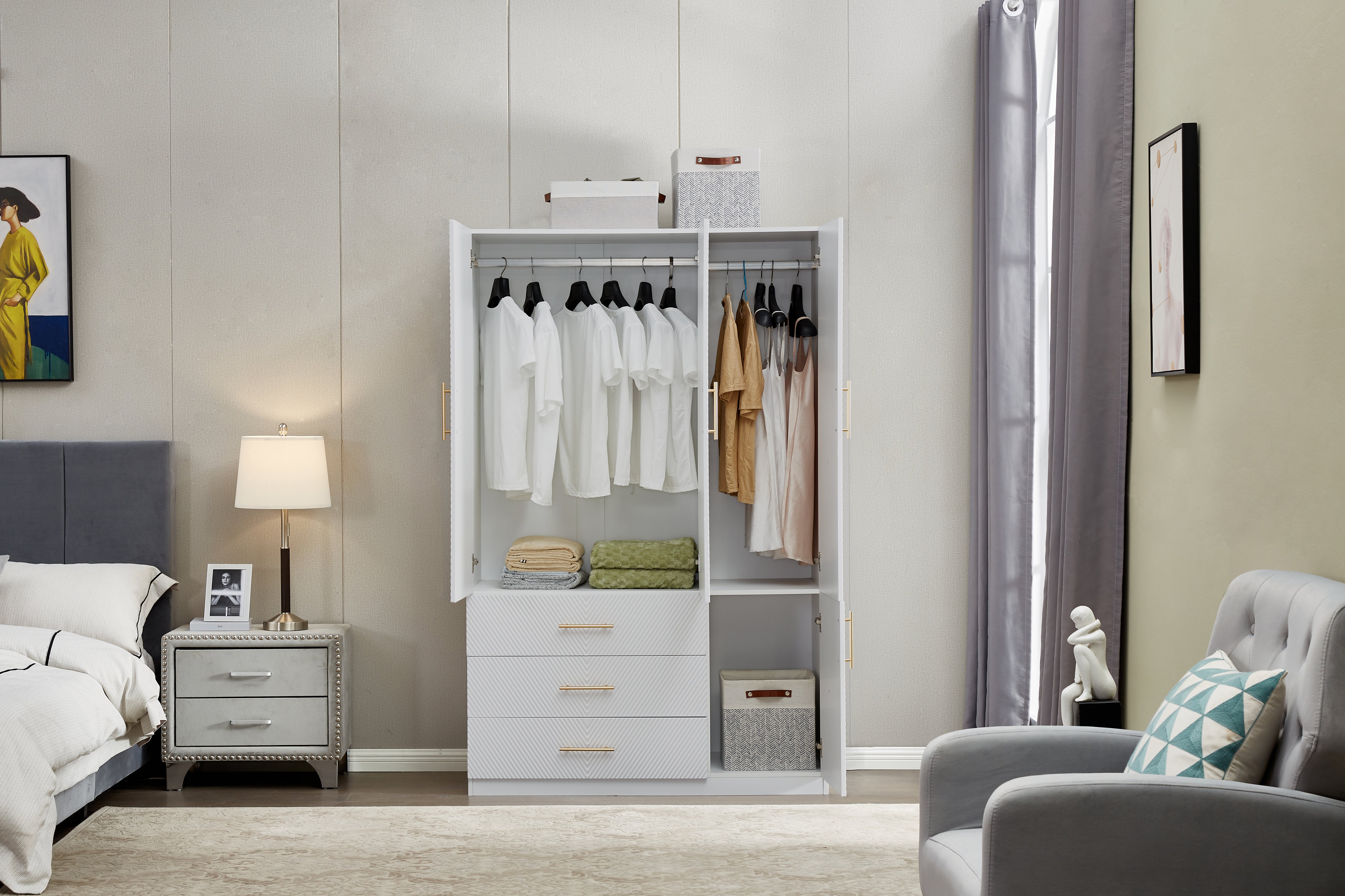 74.2” Tall 3-Door White Wardrobe Closet | Wood Armoire with Hanging Rod & Shelves for Bedroom and Bathroom Storage Cabinet