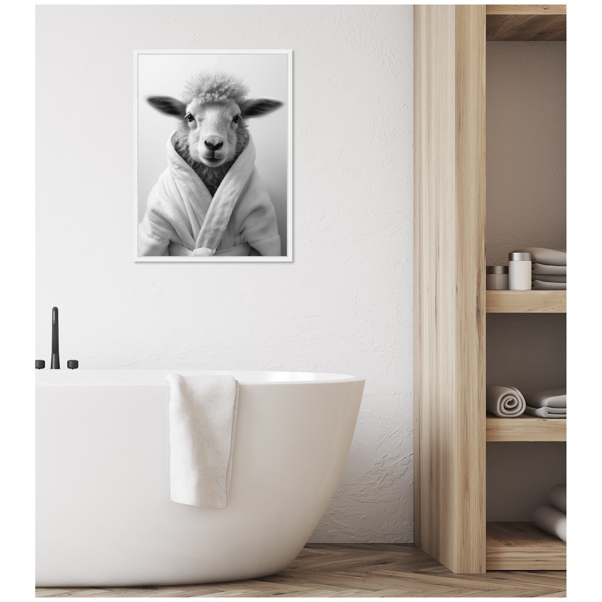 Sylvie Sheep Bathroom Art Towel Robe Black and White Framed Canvas by The Creative Bunch Studio