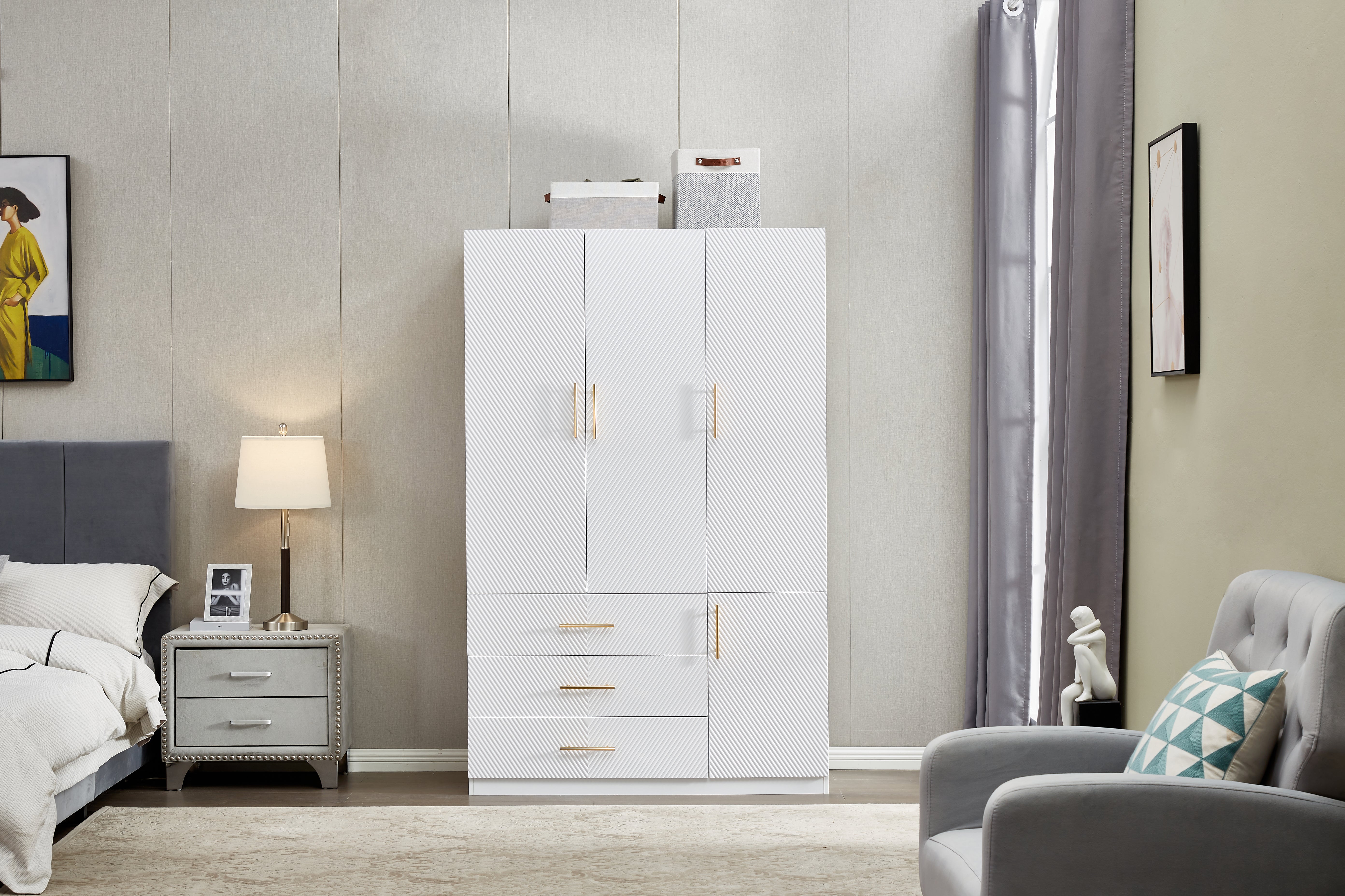 74.2” Tall 3-Door White Wardrobe Closet | Wood Armoire with Hanging Rod & Shelves for Bedroom and Bathroom Storage Cabinet