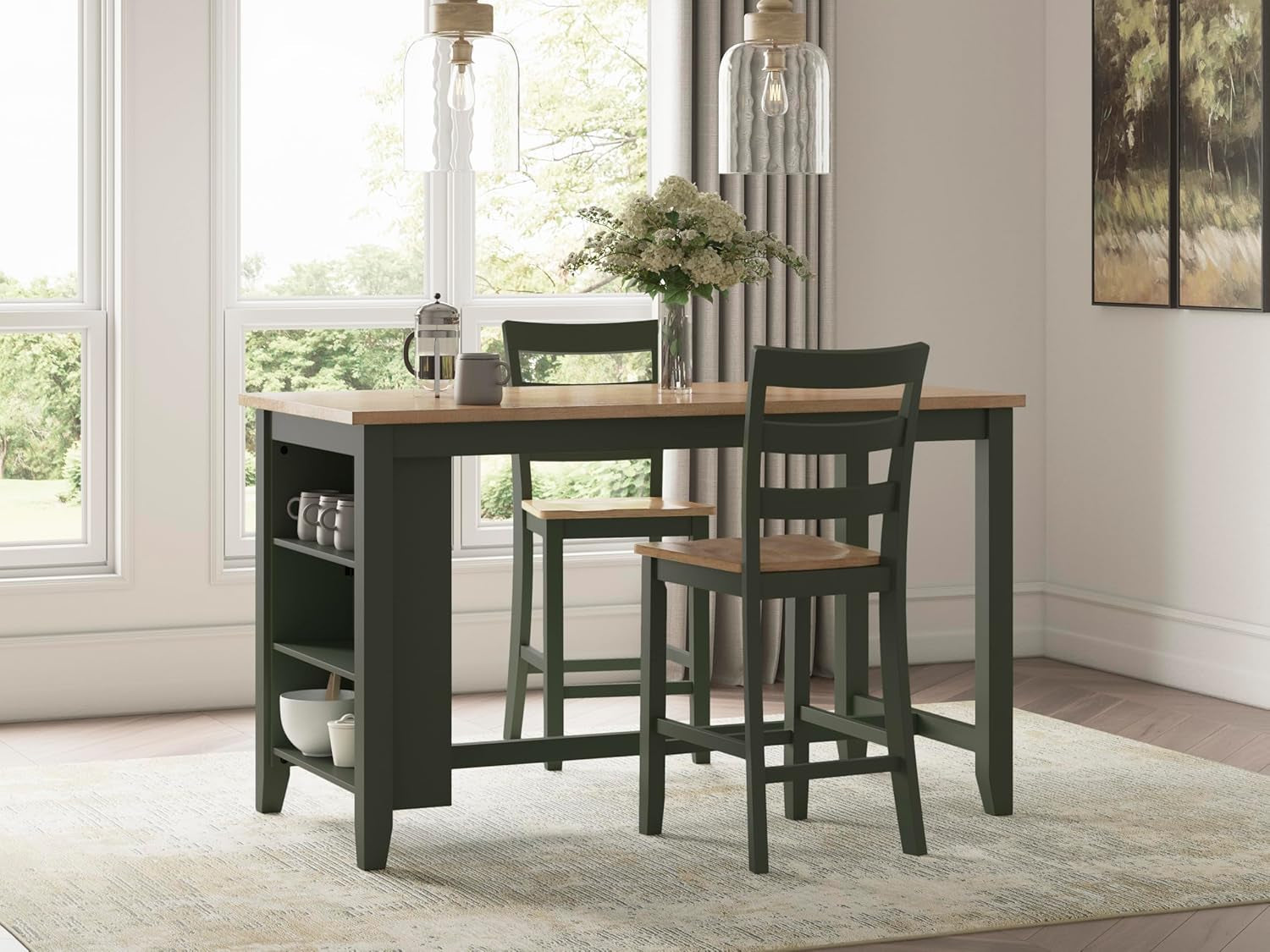 Counter Height Dining Table With 3 Shelves In Brown Green