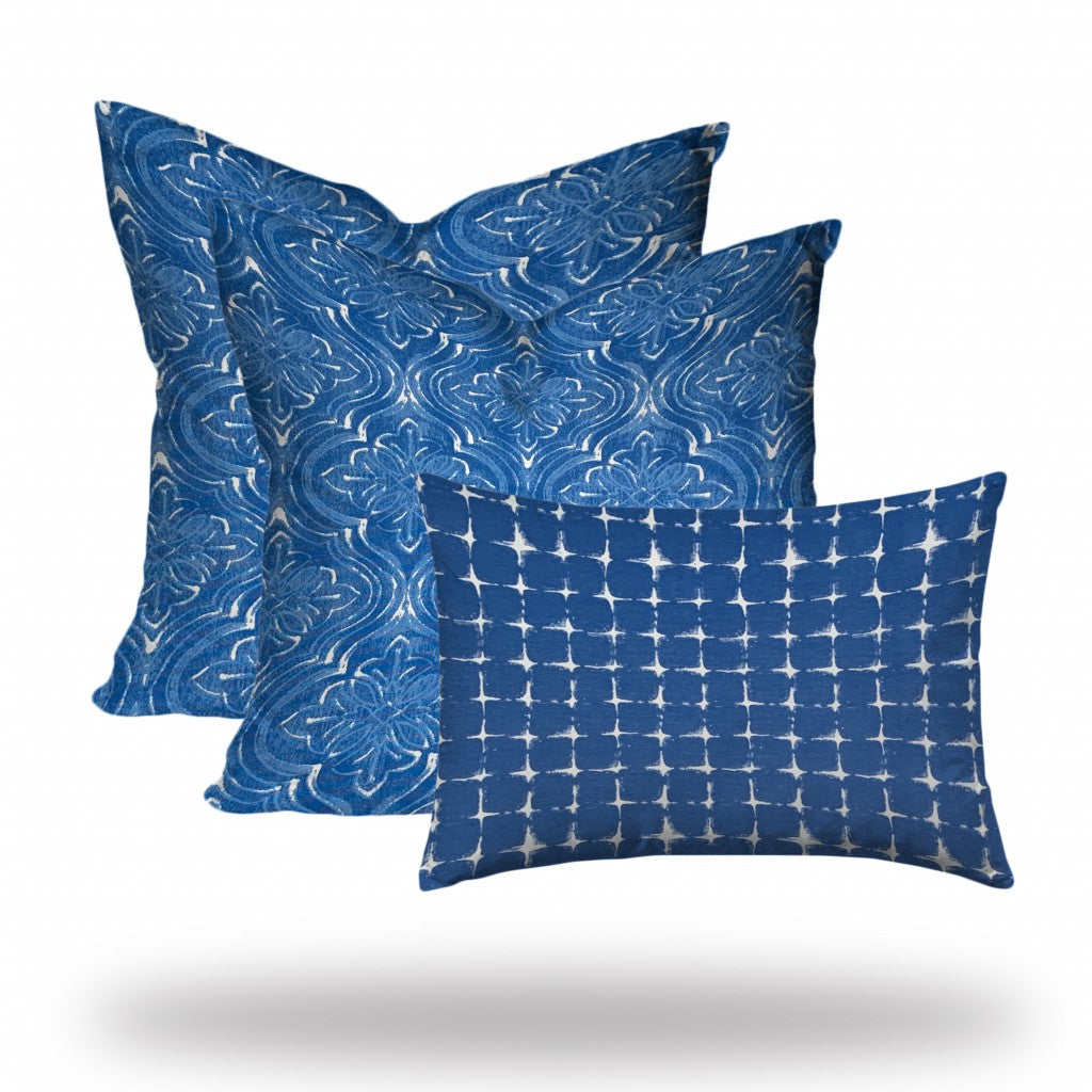 Set Of Three 20" X 20" Blue And White Blown Seam Coastal Throw Indoor Outdoor Pillow-2