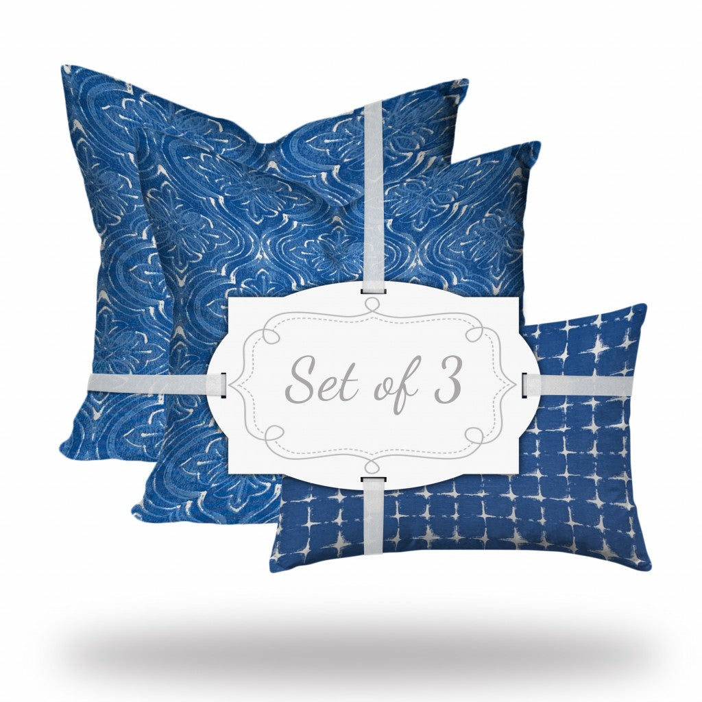 Set Of Three 20" X 20" Blue And White Blown Seam Coastal Throw Indoor Outdoor Pillow-0