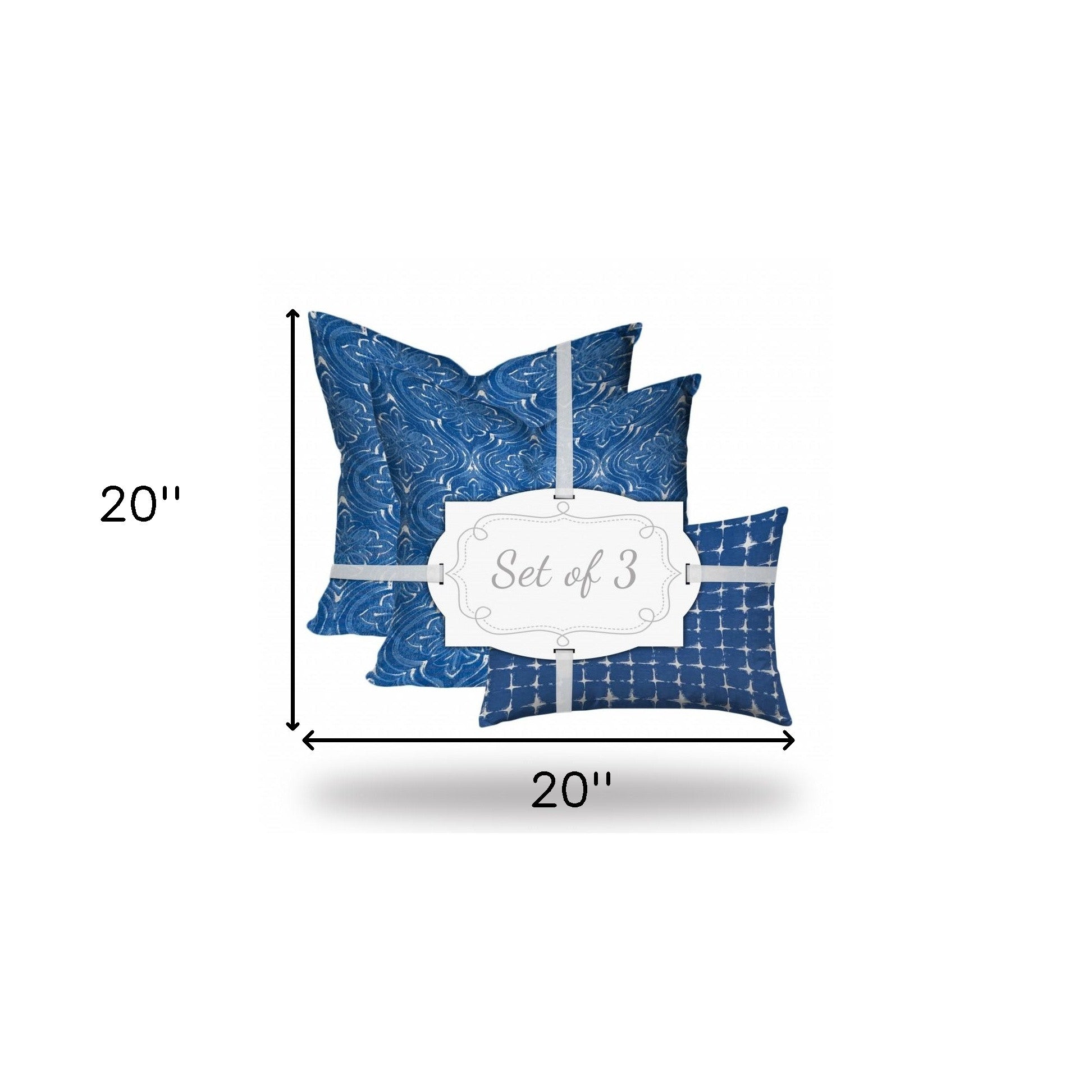 Set Of Three 20" X 20" Blue And White Blown Seam Coastal Throw Indoor Outdoor Pillow-5