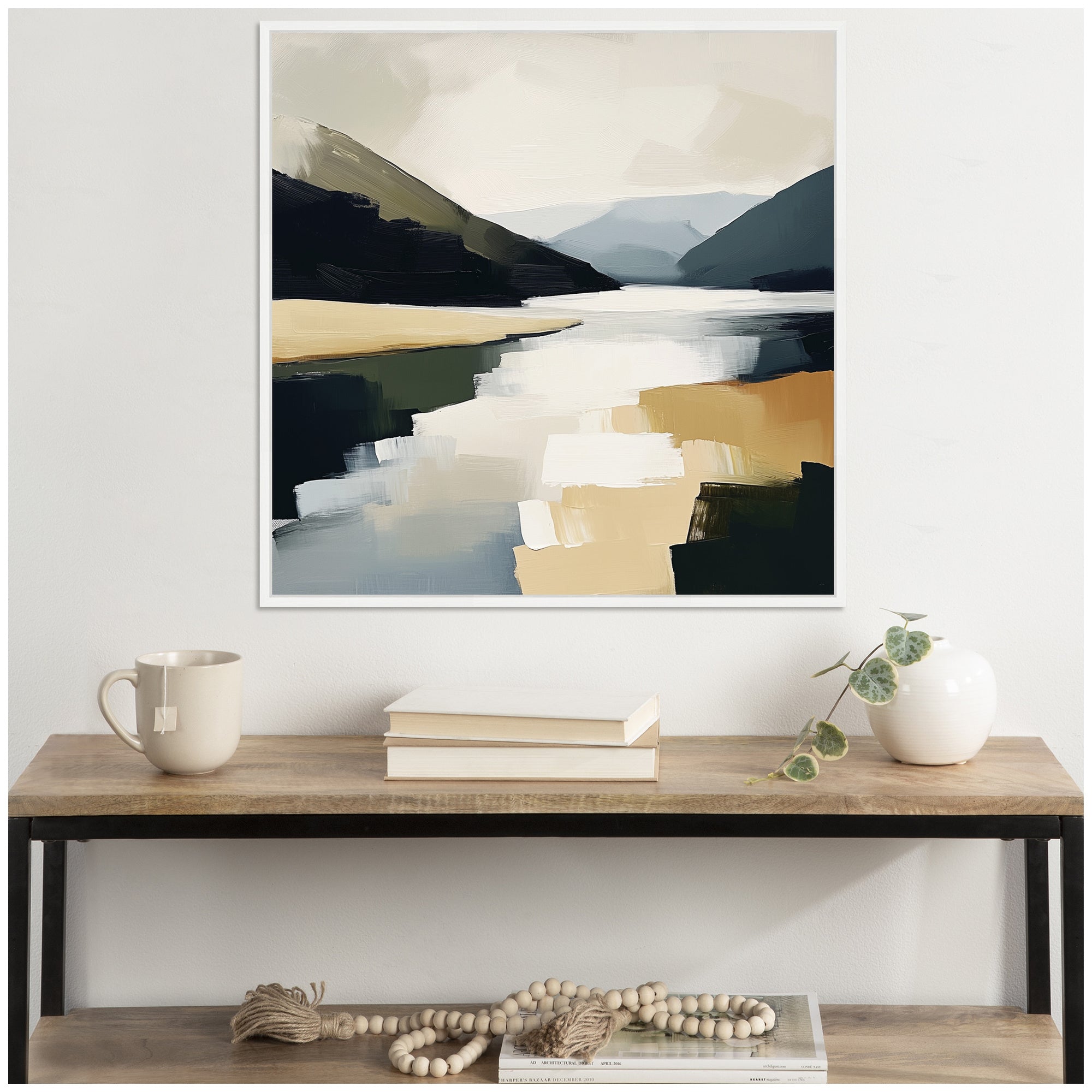 Sylvie Mountain Lake Modern Abstract Landscape Framed Canvas by The Creative Bunch Studio