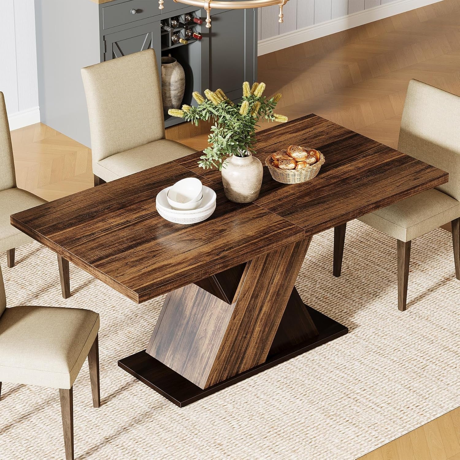 55 Inch Rustic Brown Farmhouse Dining Table For Four